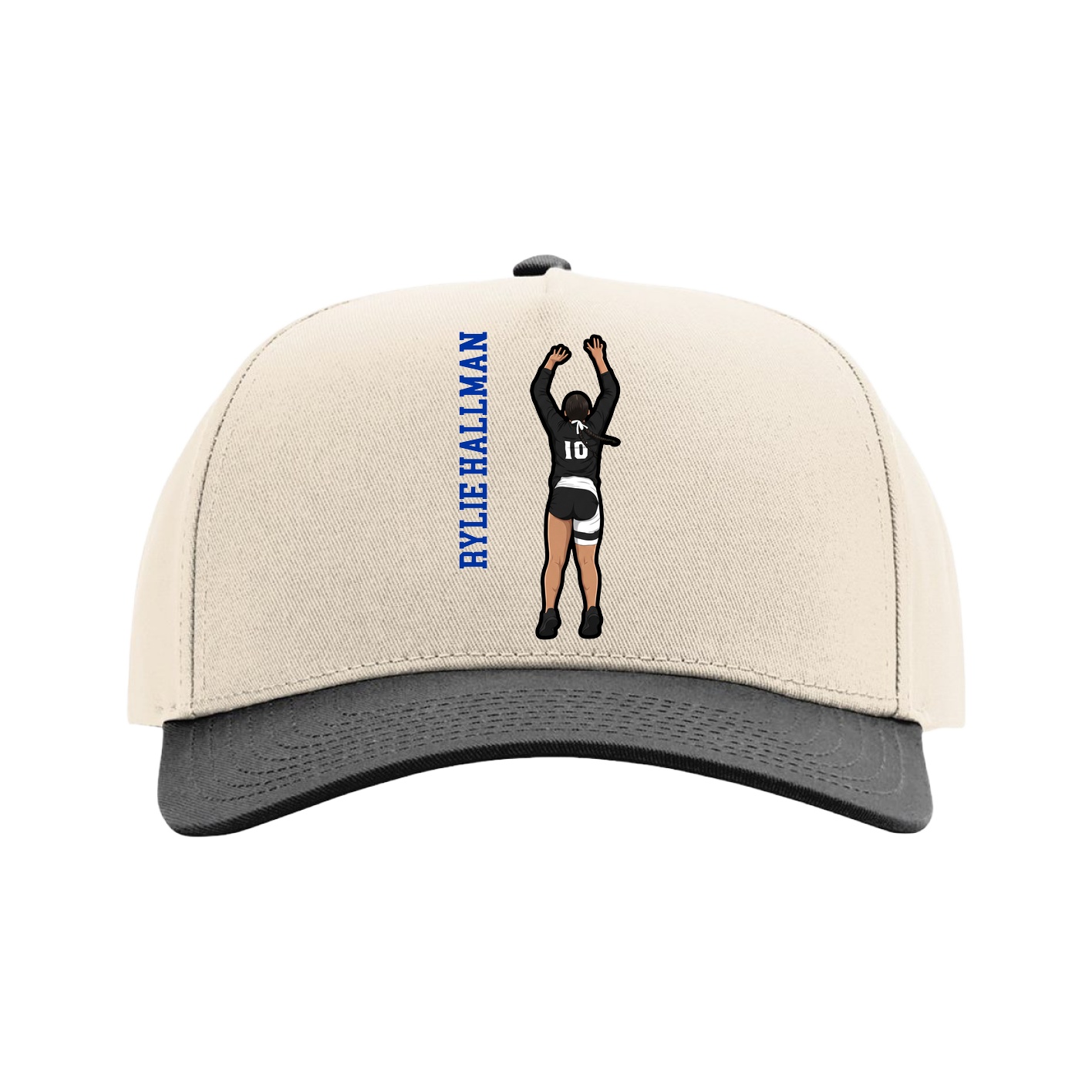 Full Fabric Five-Panel Champ Cap — Name Vertical in Cream/Black