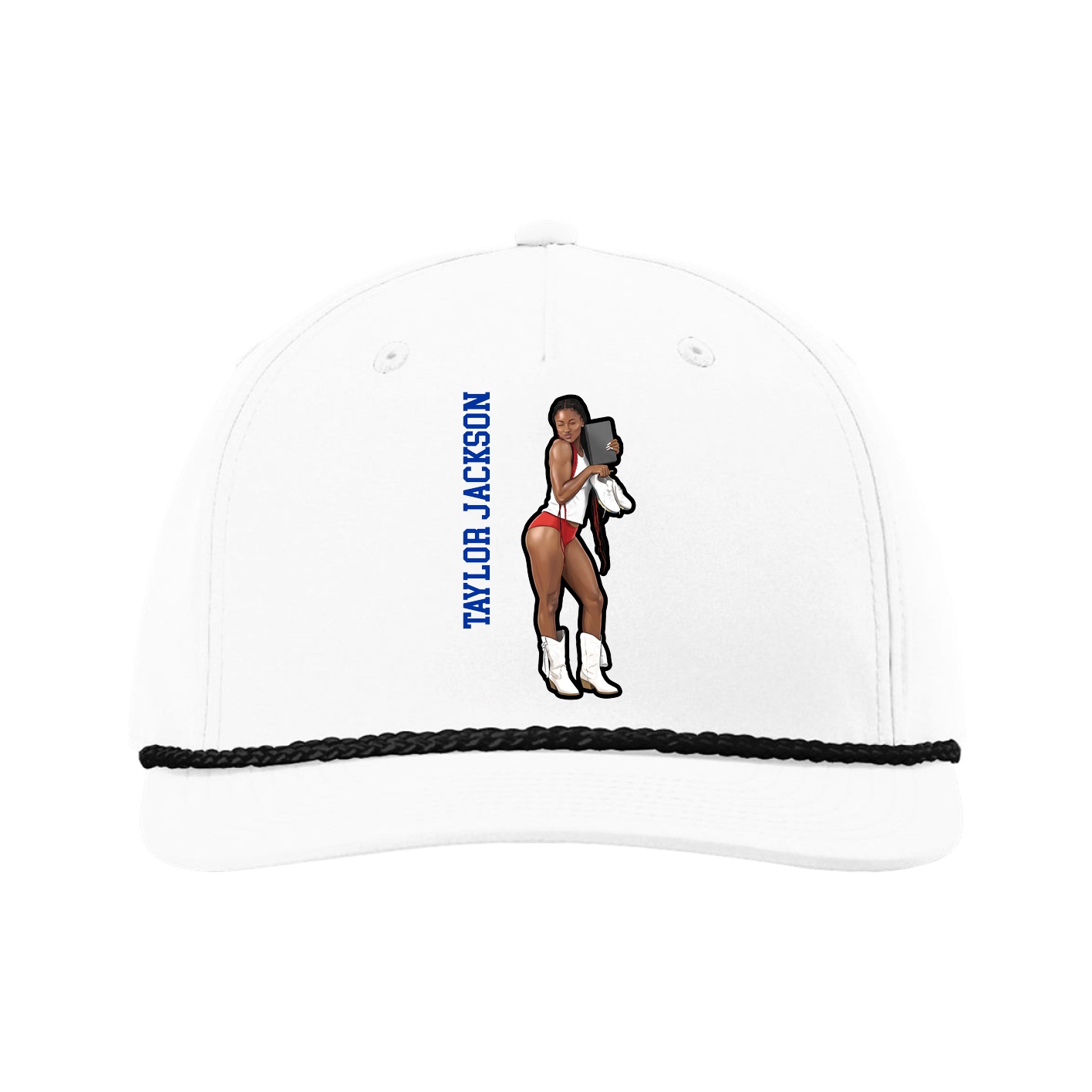 Five-Panel Classic Rope Cap — Name Vertical in White