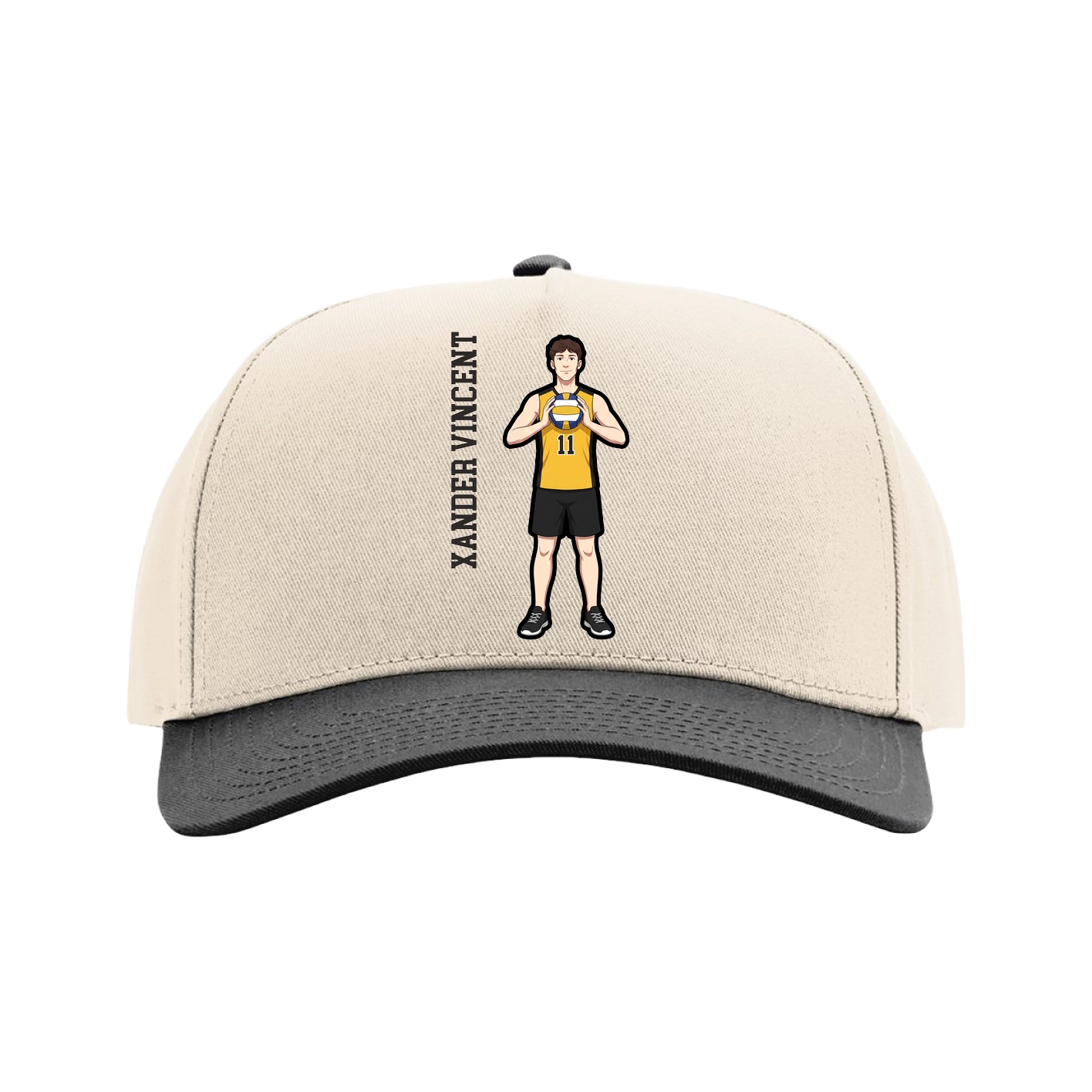 Full Fabric Five-Panel Champ Cap — Name Vertical in Cream/Black