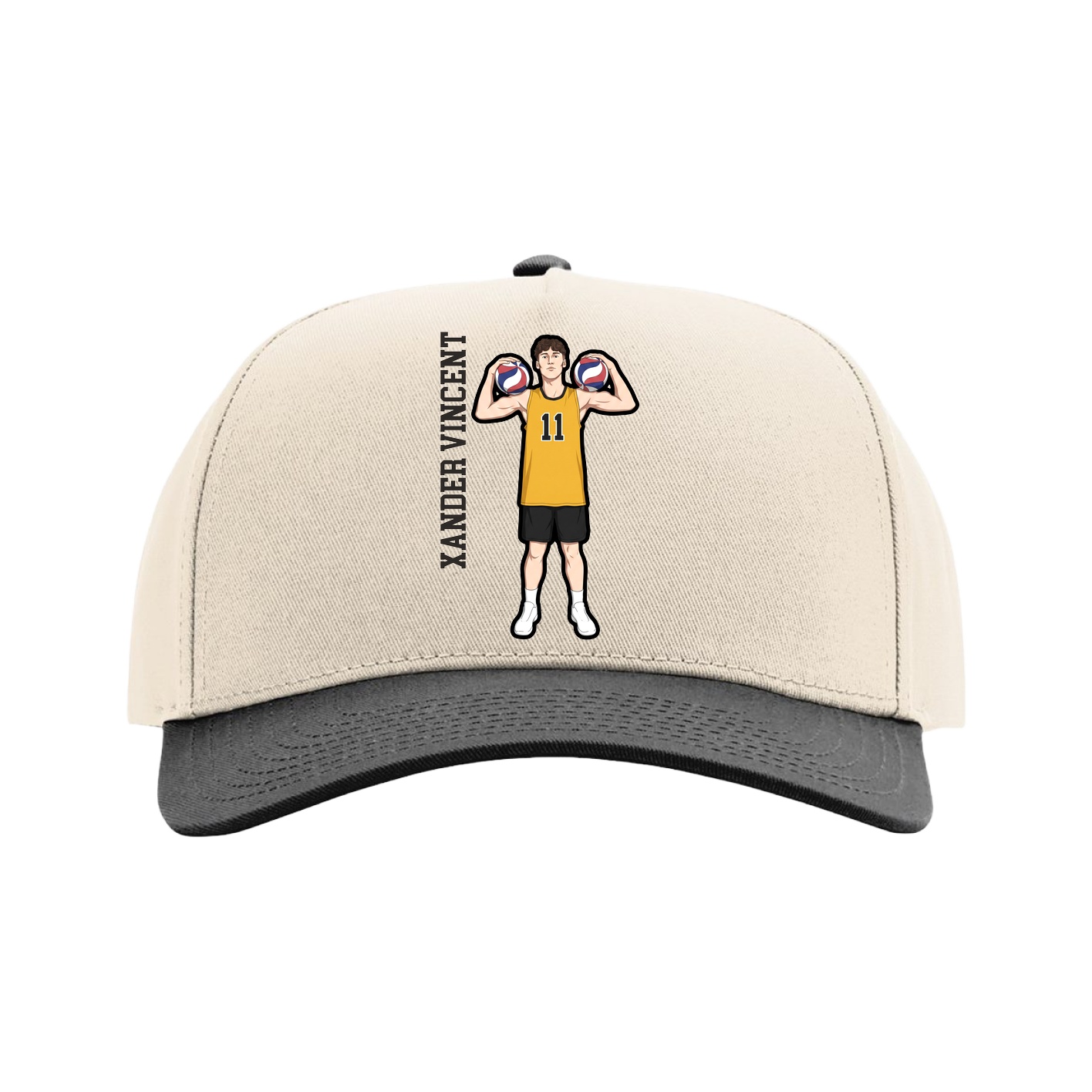 Full Fabric Five-Panel Champ Cap — Name Vertical in Cream/Black