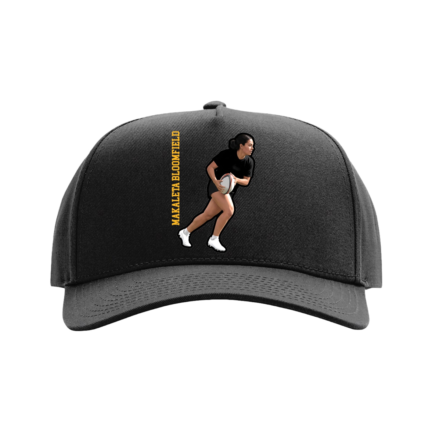 Full Fabric Five-Panel Champ Cap — Name Vertical in Black