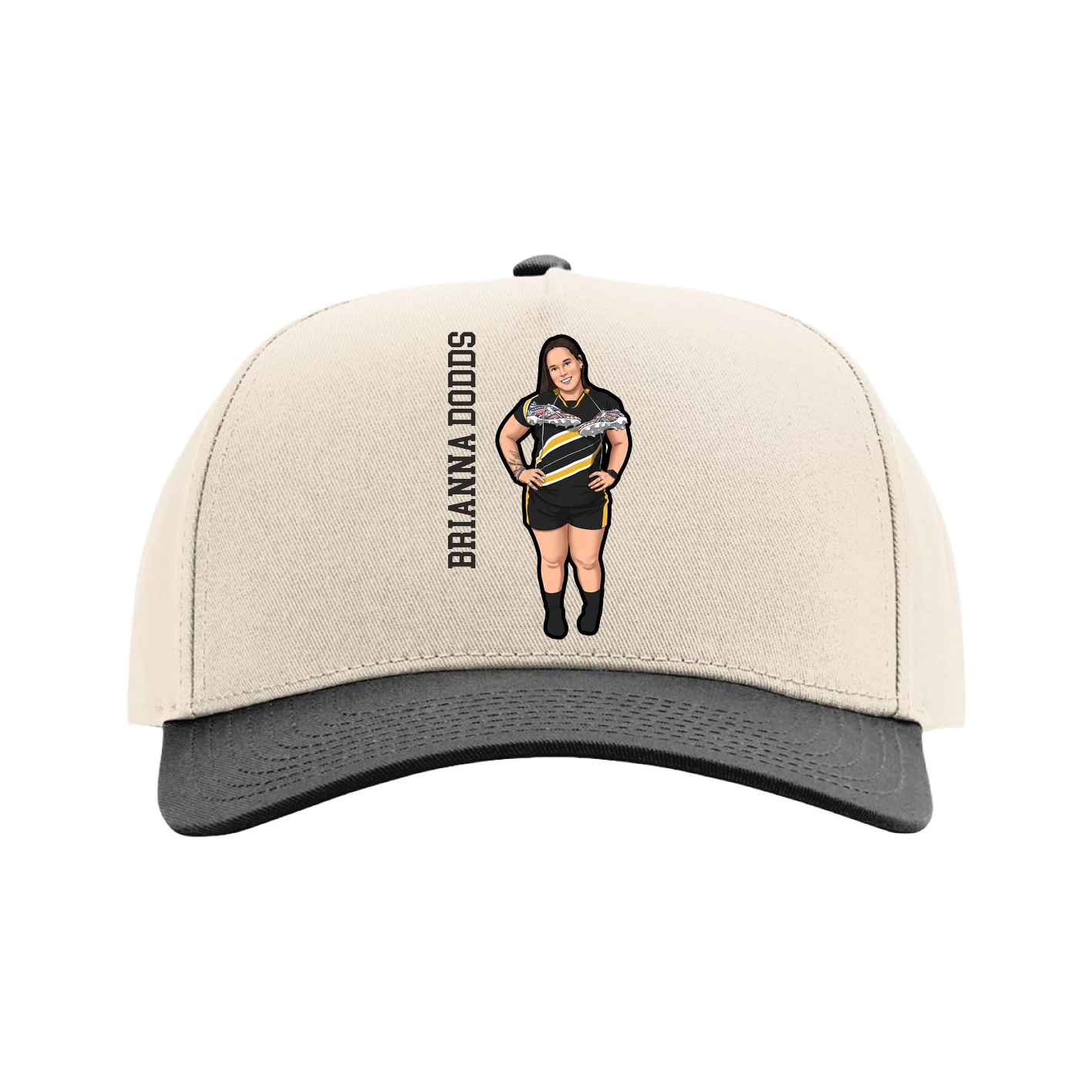Full Fabric Five-Panel Champ Cap — Name Vertical in Cream/Black