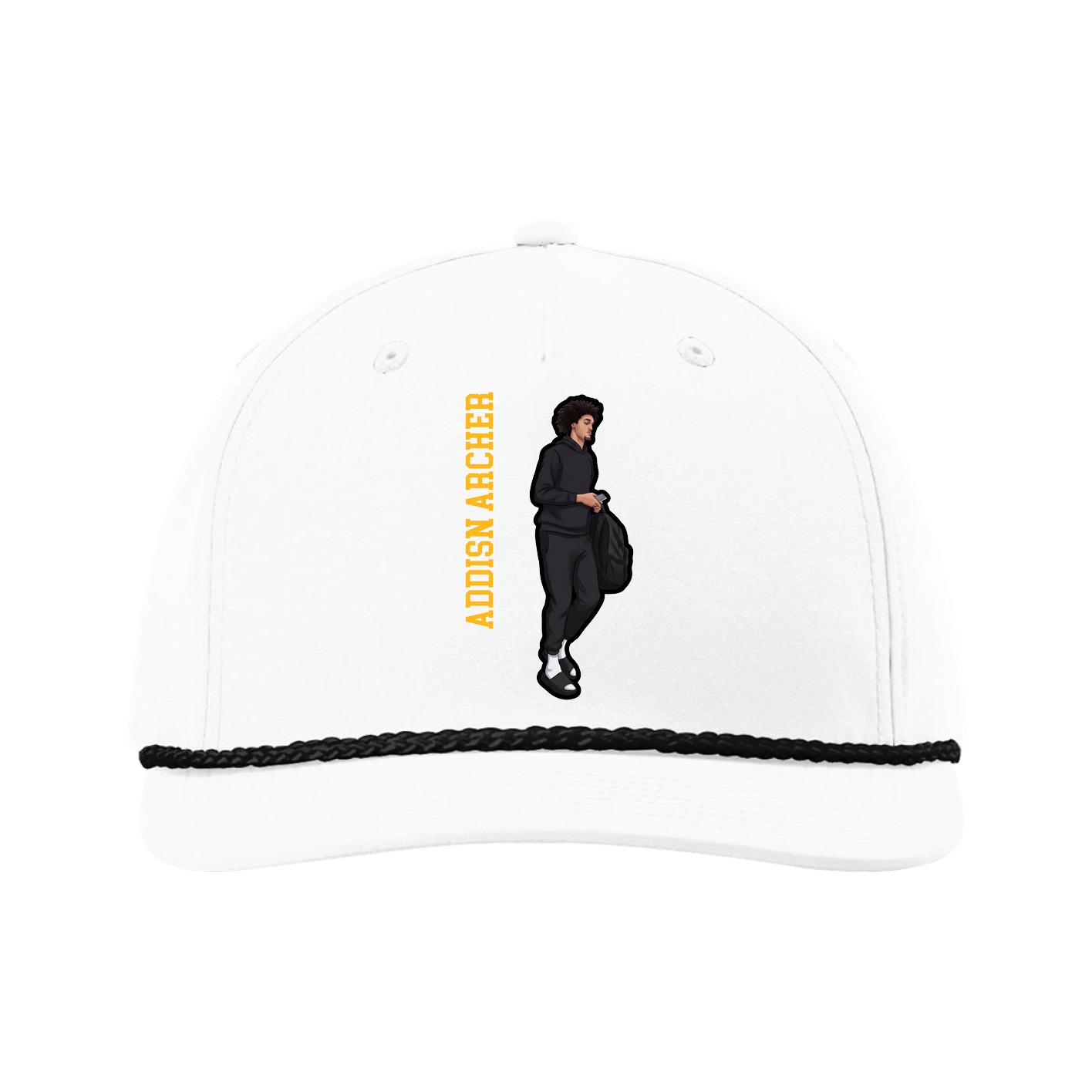 Five-Panel Classic Rope Cap — Name Vertical in White