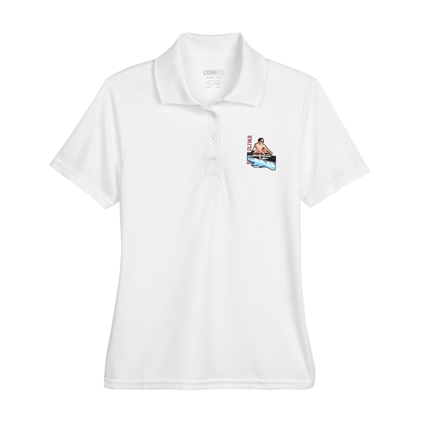 Womens Performance Polo — Name Vertical in White