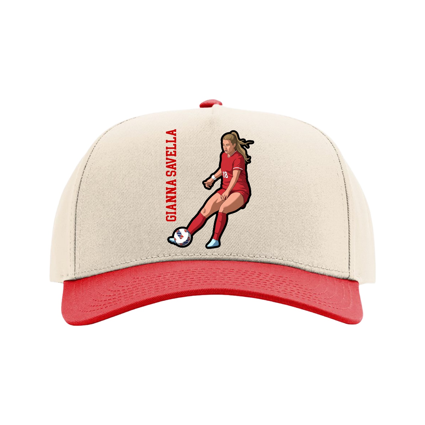 Full Fabric Five-Panel Champ Cap — Name Vertical in Cream/Red
