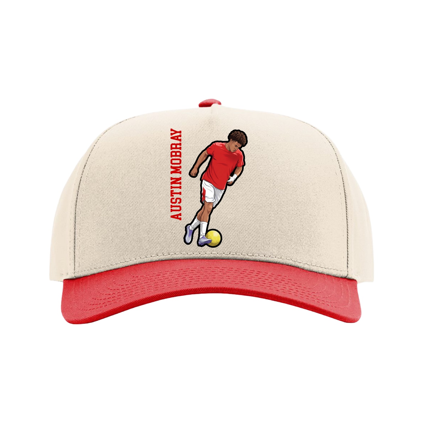 Full Fabric Five-Panel Champ Cap — Name Vertical in Cream/Red
