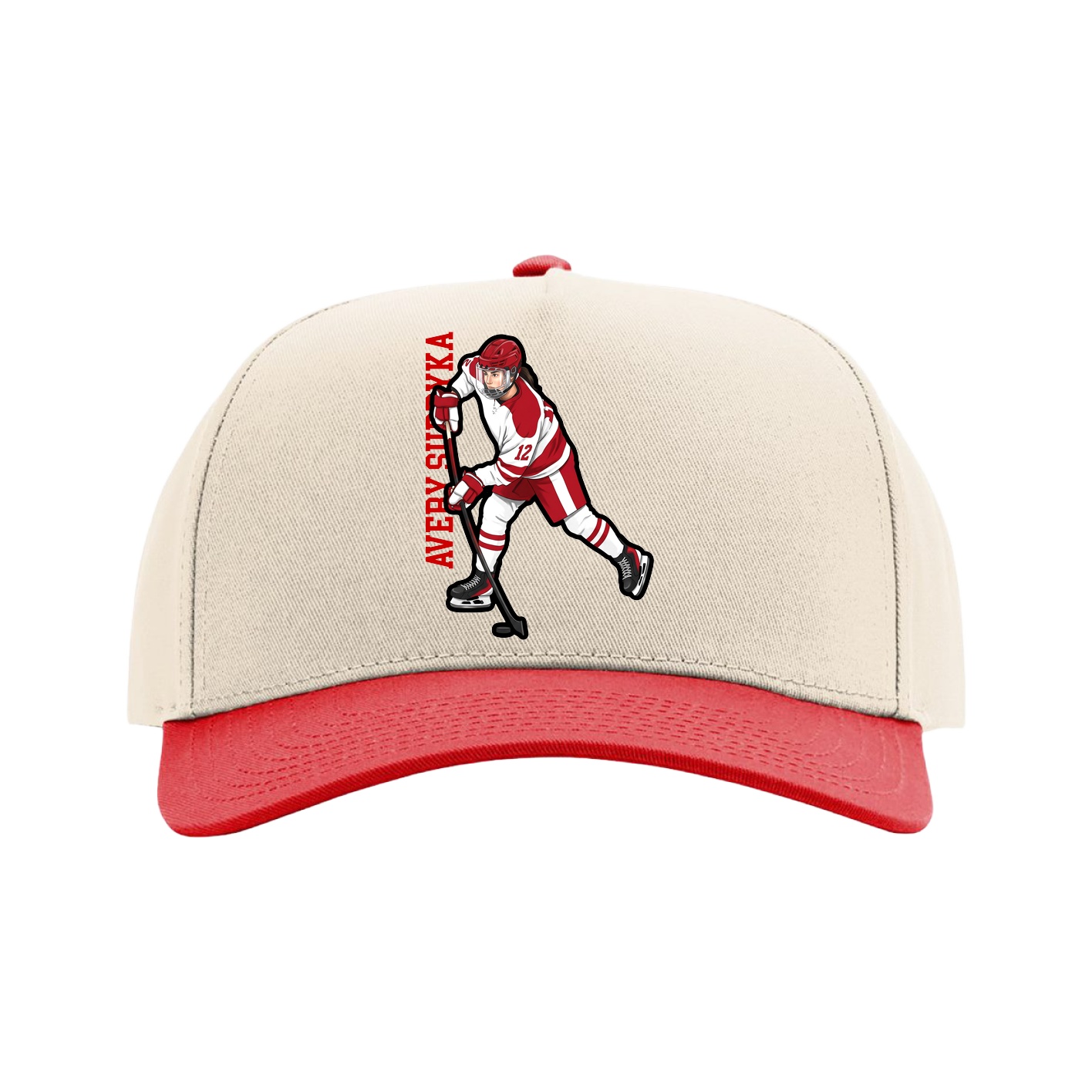 Full Fabric Five-Panel Champ Cap — Name Vertical in Cream/Red