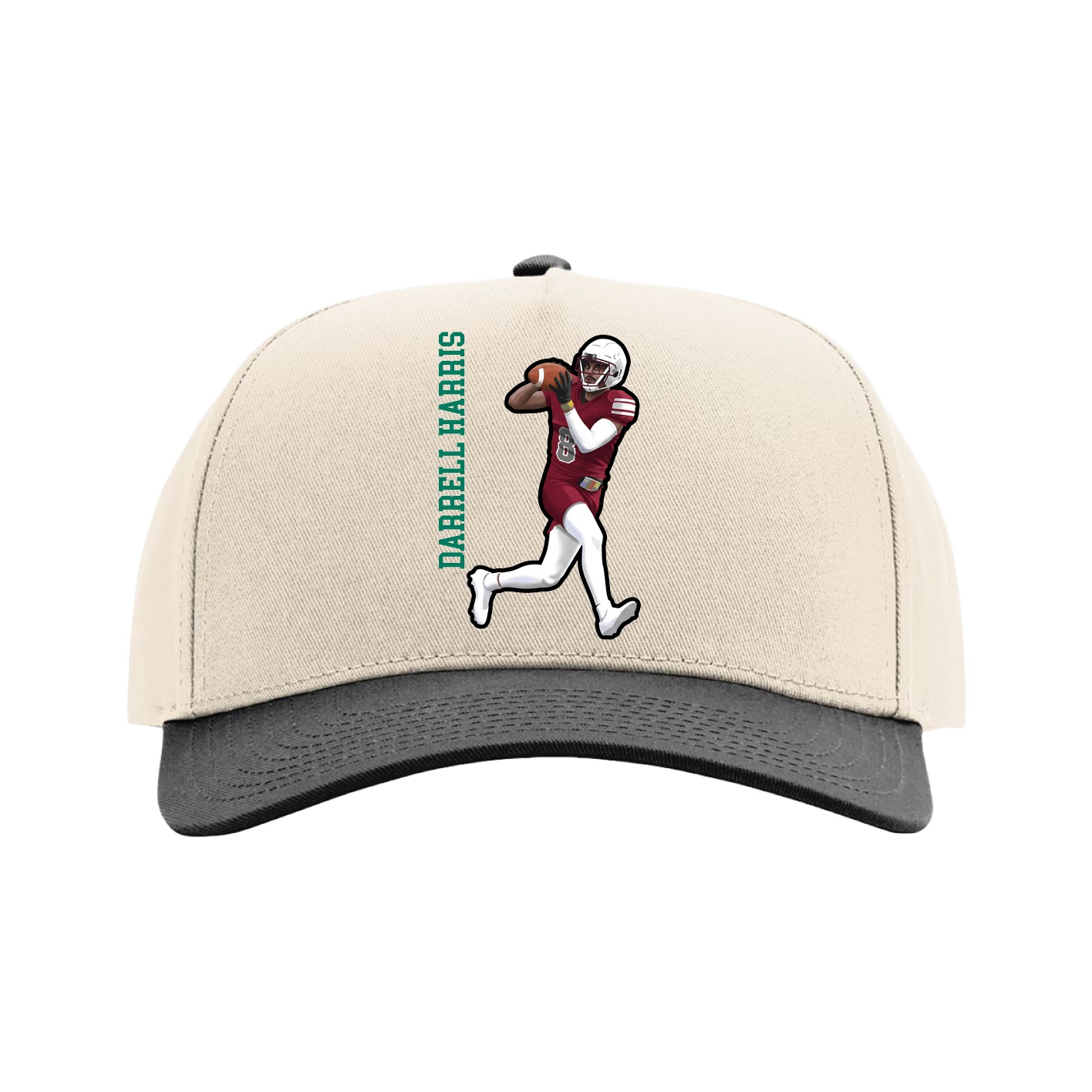 Full Fabric Five-Panel Champ Cap — Name Vertical in Cream/Black