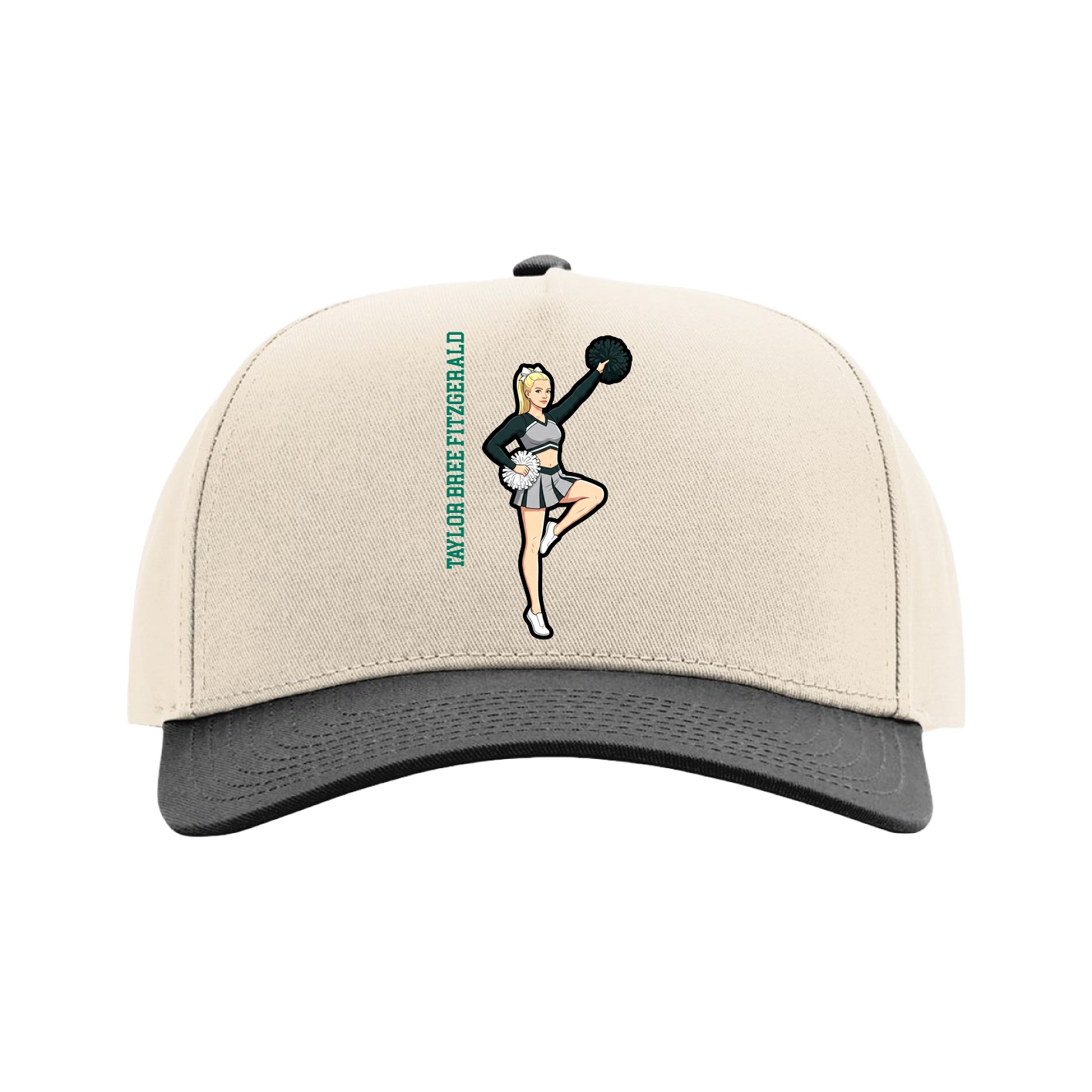 Full Fabric Five-Panel Champ Cap — Name Vertical in Cream/Black