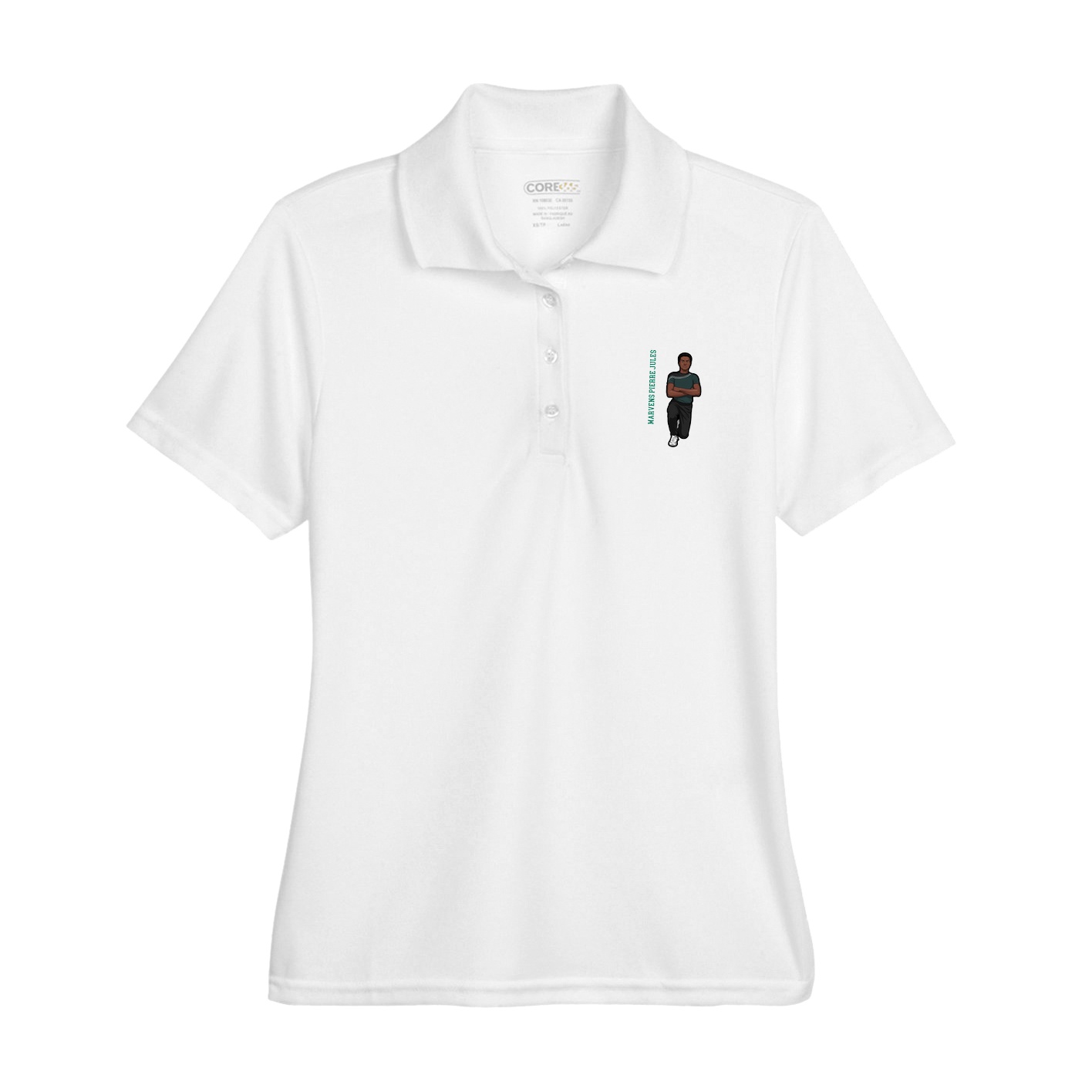 Womens Performance Polo — Name Vertical in White