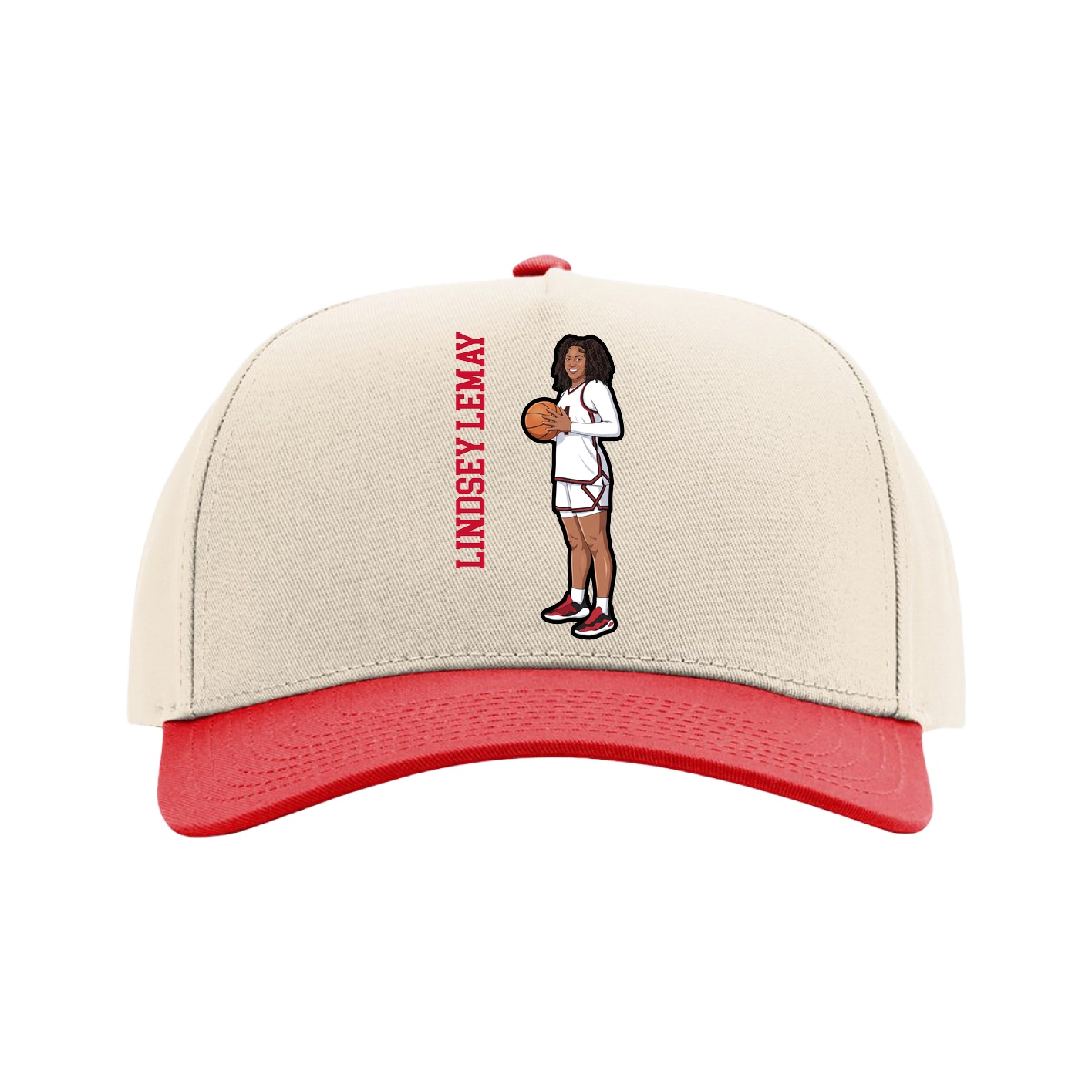 Full Fabric Five-Panel Champ Cap — Name Vertical in Cream/Red