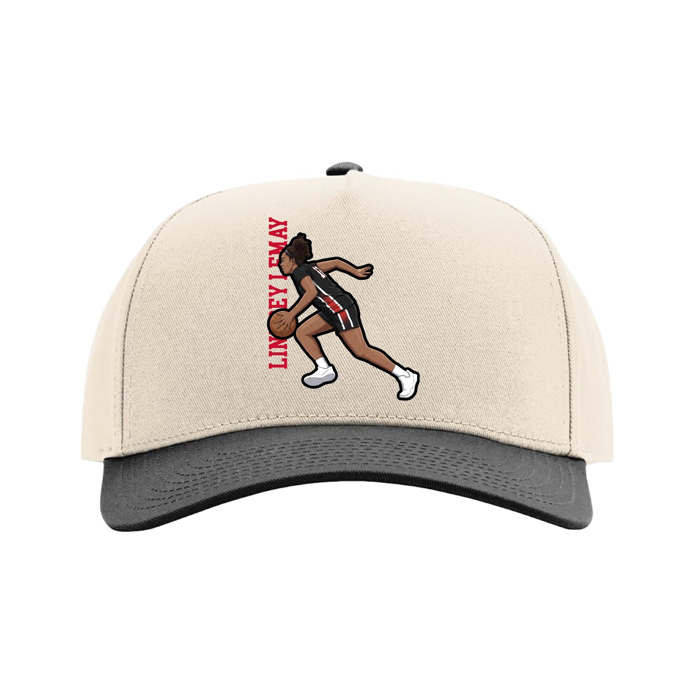Full Fabric Five-Panel Champ Cap — Name Vertical in Cream/Black