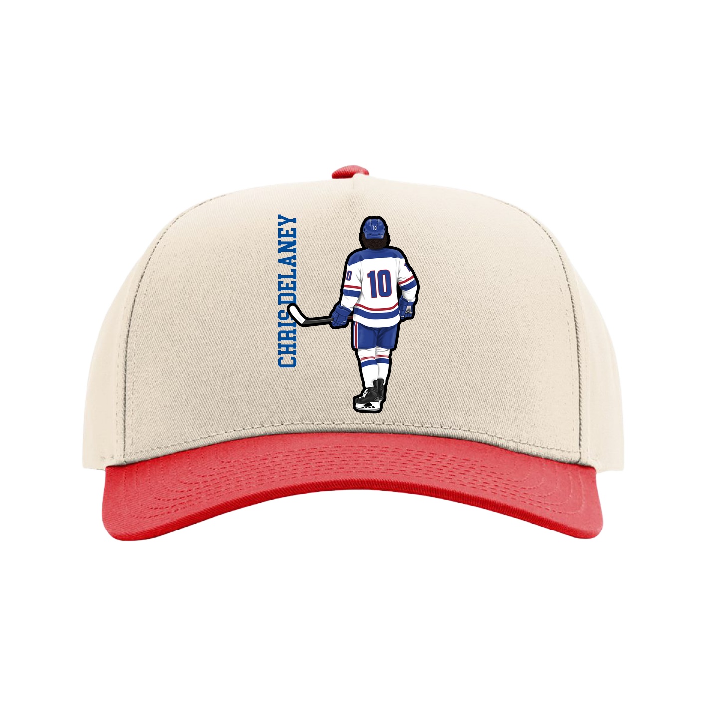 Full Fabric Five-Panel Champ Cap — Name Vertical in Cream/Red