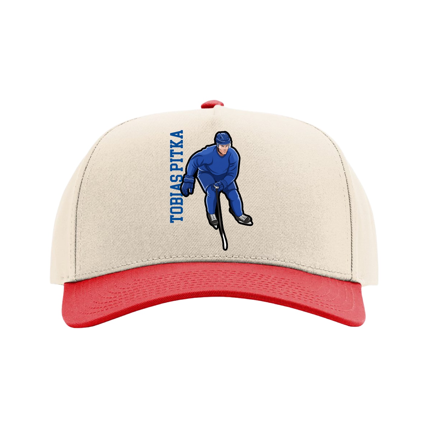 Full Fabric Five-Panel Champ Cap — Name Vertical in Cream/Red