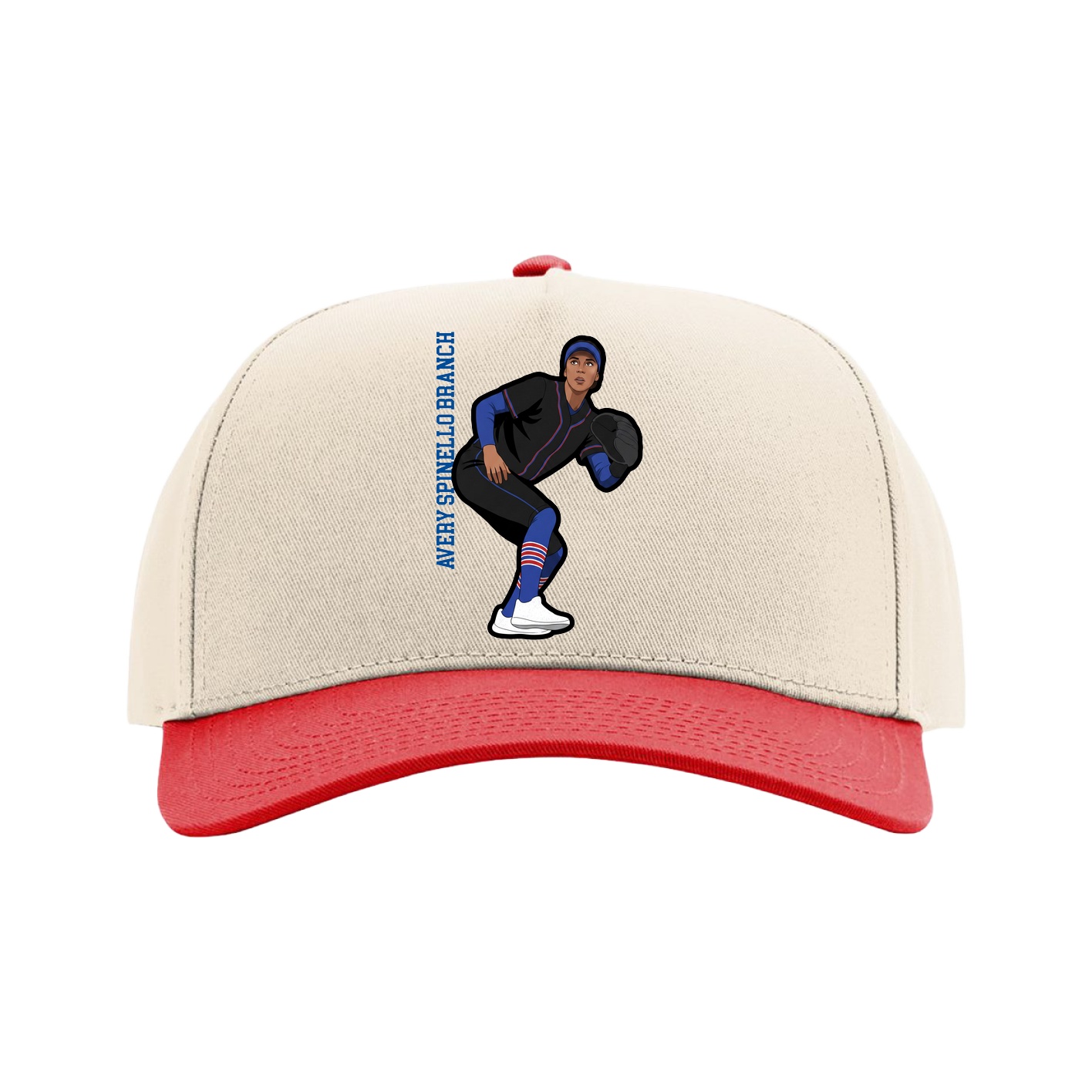 Full Fabric Five-Panel Champ Cap — Name Vertical in Cream/Red