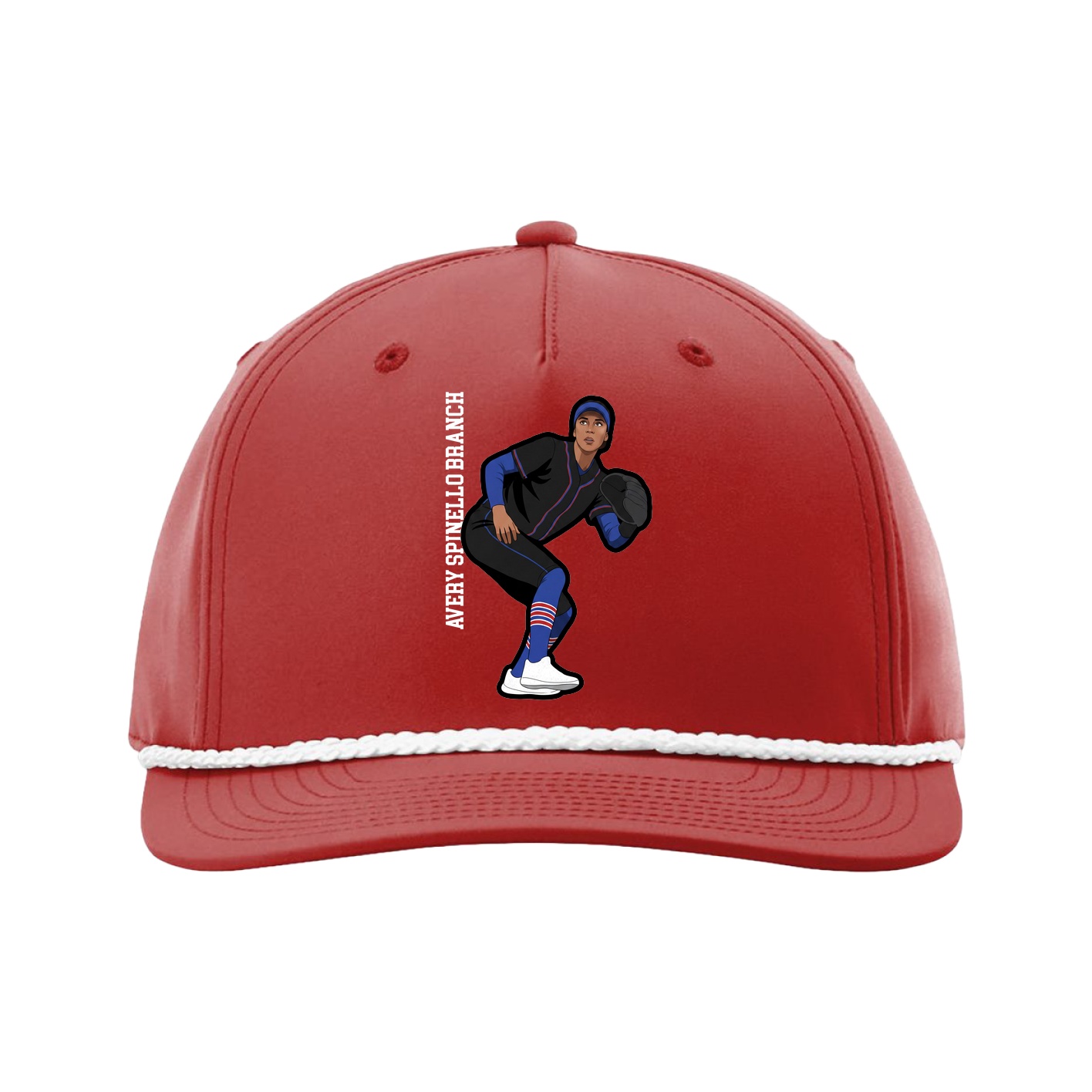 Five-Panel Classic Rope Cap — Name Vertical in Red
