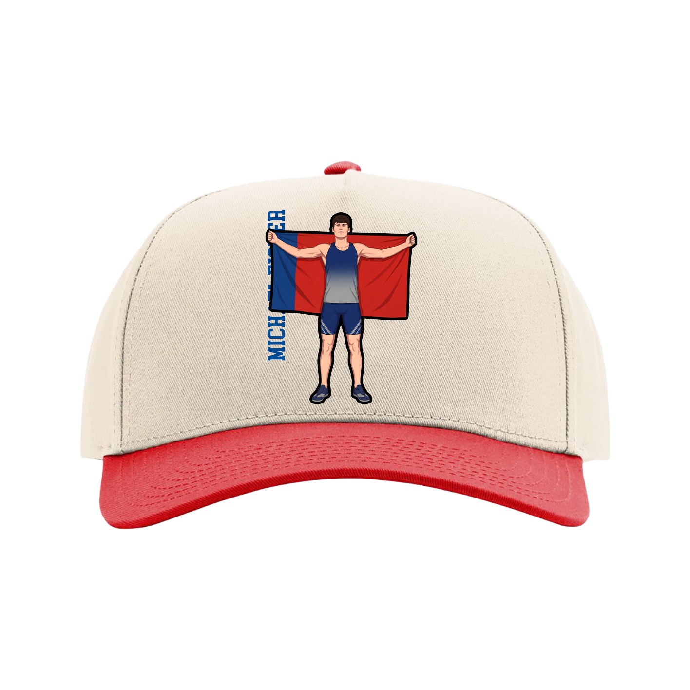 Full Fabric Five-Panel Champ Cap — Name Vertical in Cream/Red