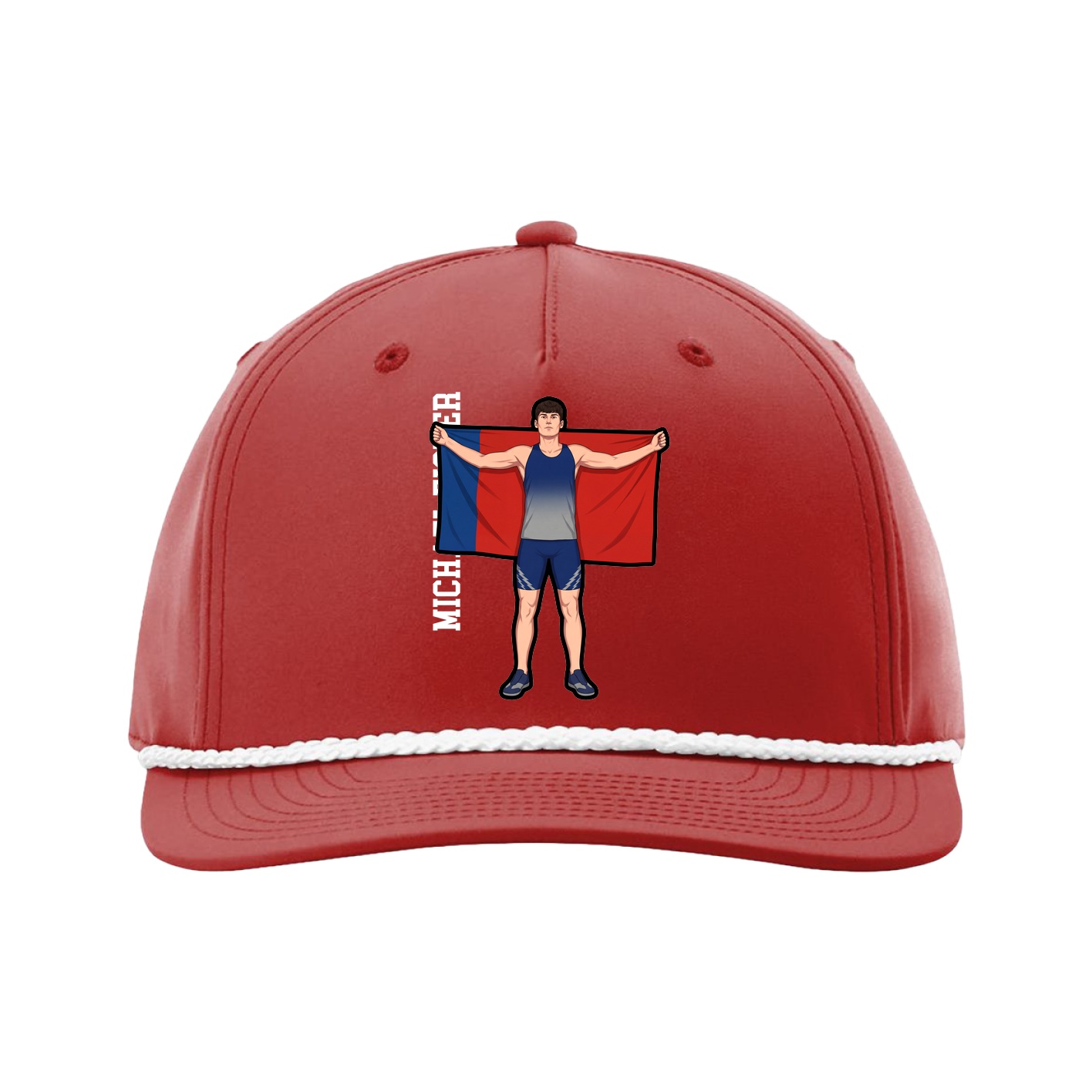 Five-Panel Classic Rope Cap — Name Vertical in Red