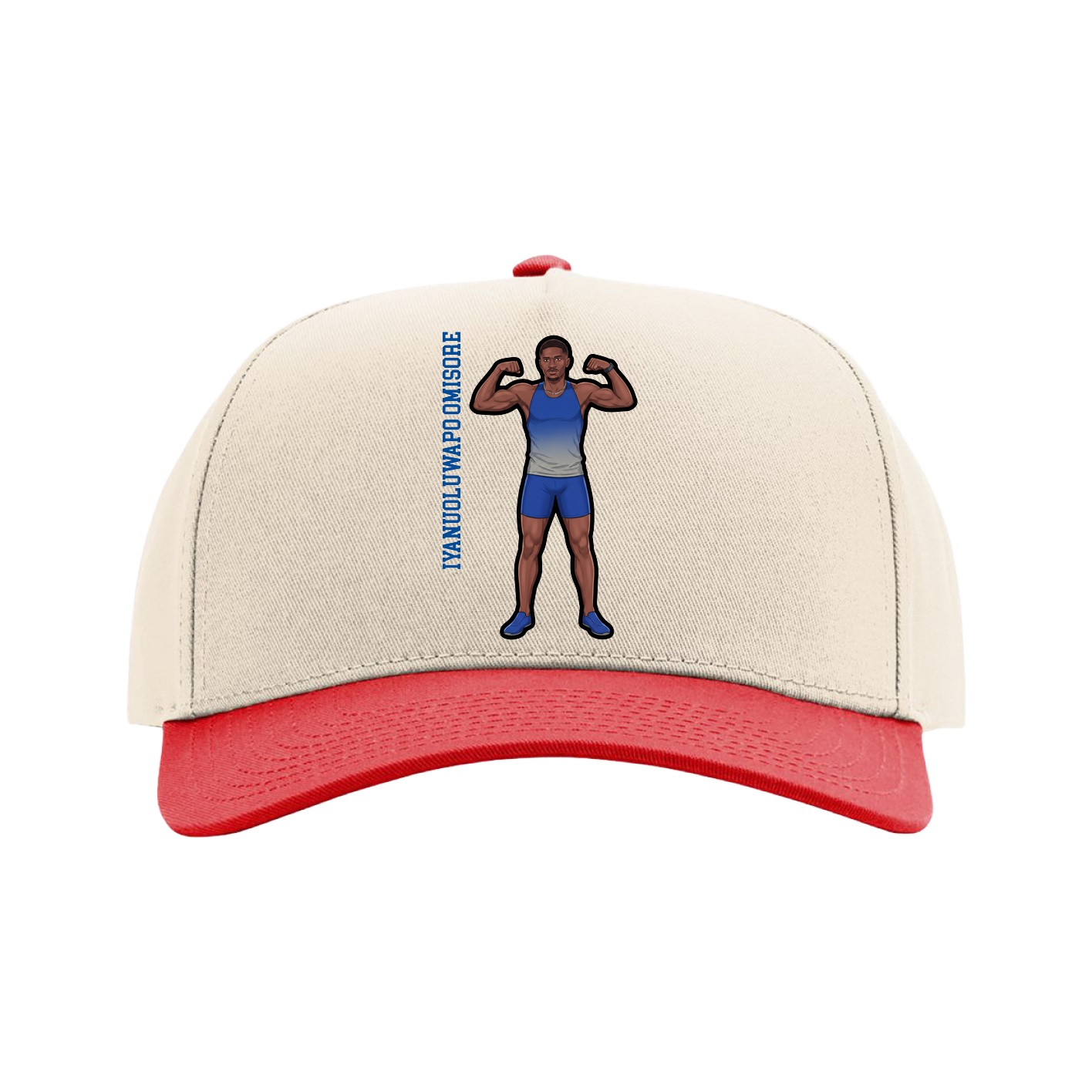 Full Fabric Five-Panel Champ Cap — Name Vertical in Cream/Red