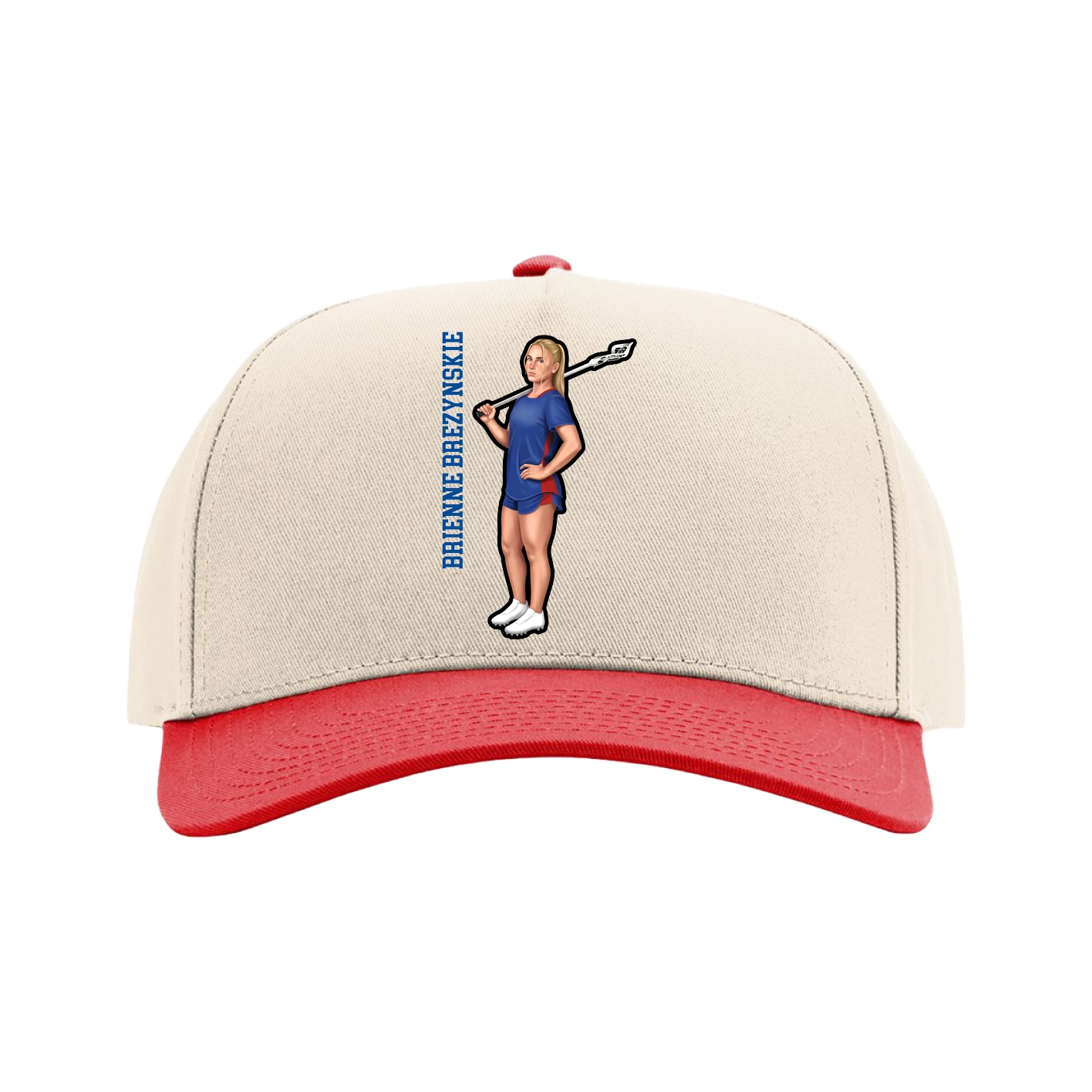 Full Fabric Five-Panel Champ Cap — Name Vertical in Cream/Red