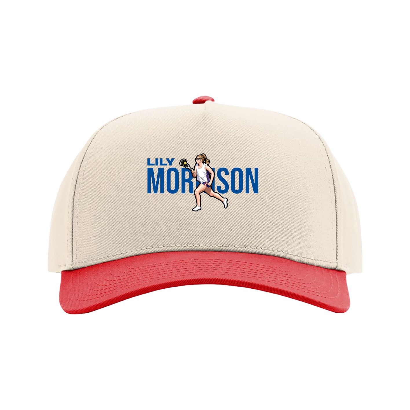 Full Fabric Five-Panel Champ Cap — Player Name in Cream/Red