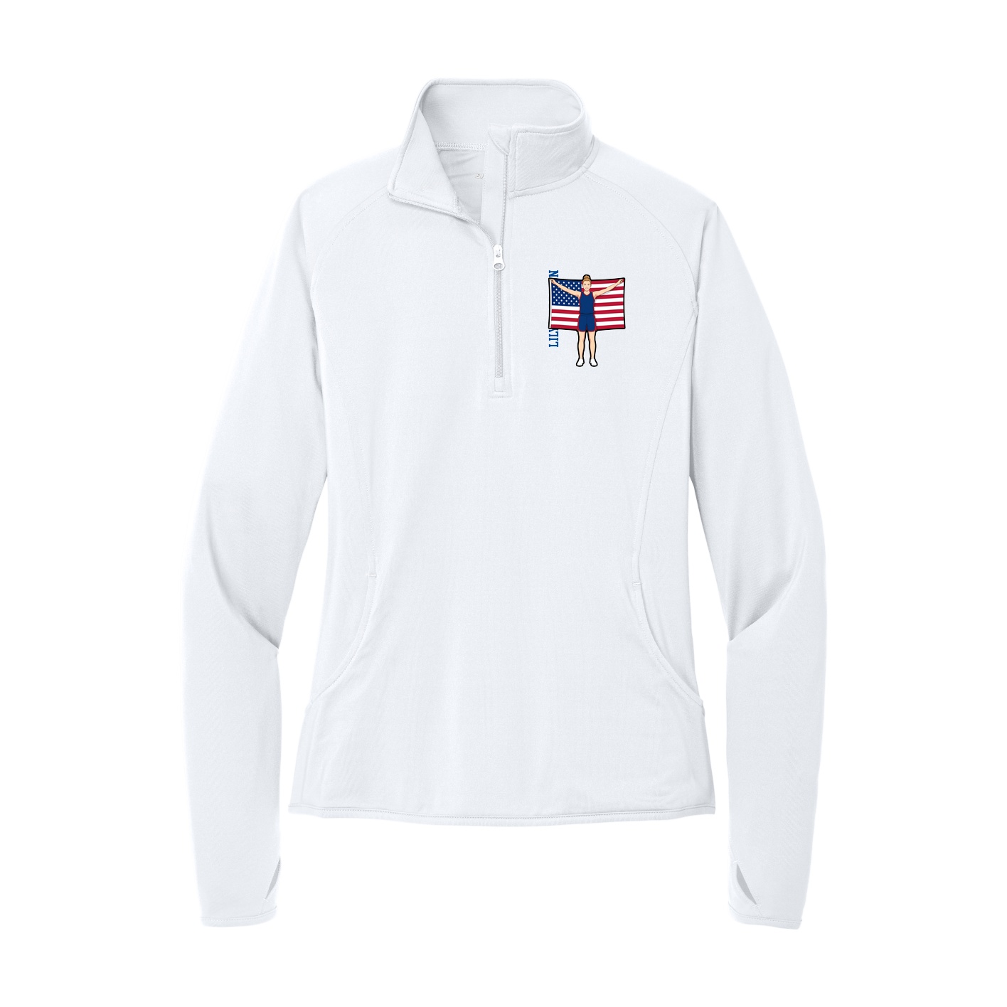 Women's Q-Zip Pullover — Name Vertical in White