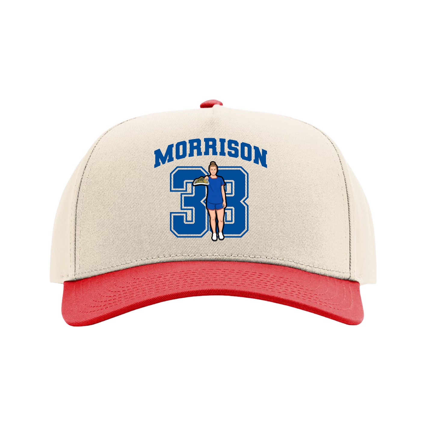 Full Fabric Five-Panel Champ Cap — Number in Cream/Red