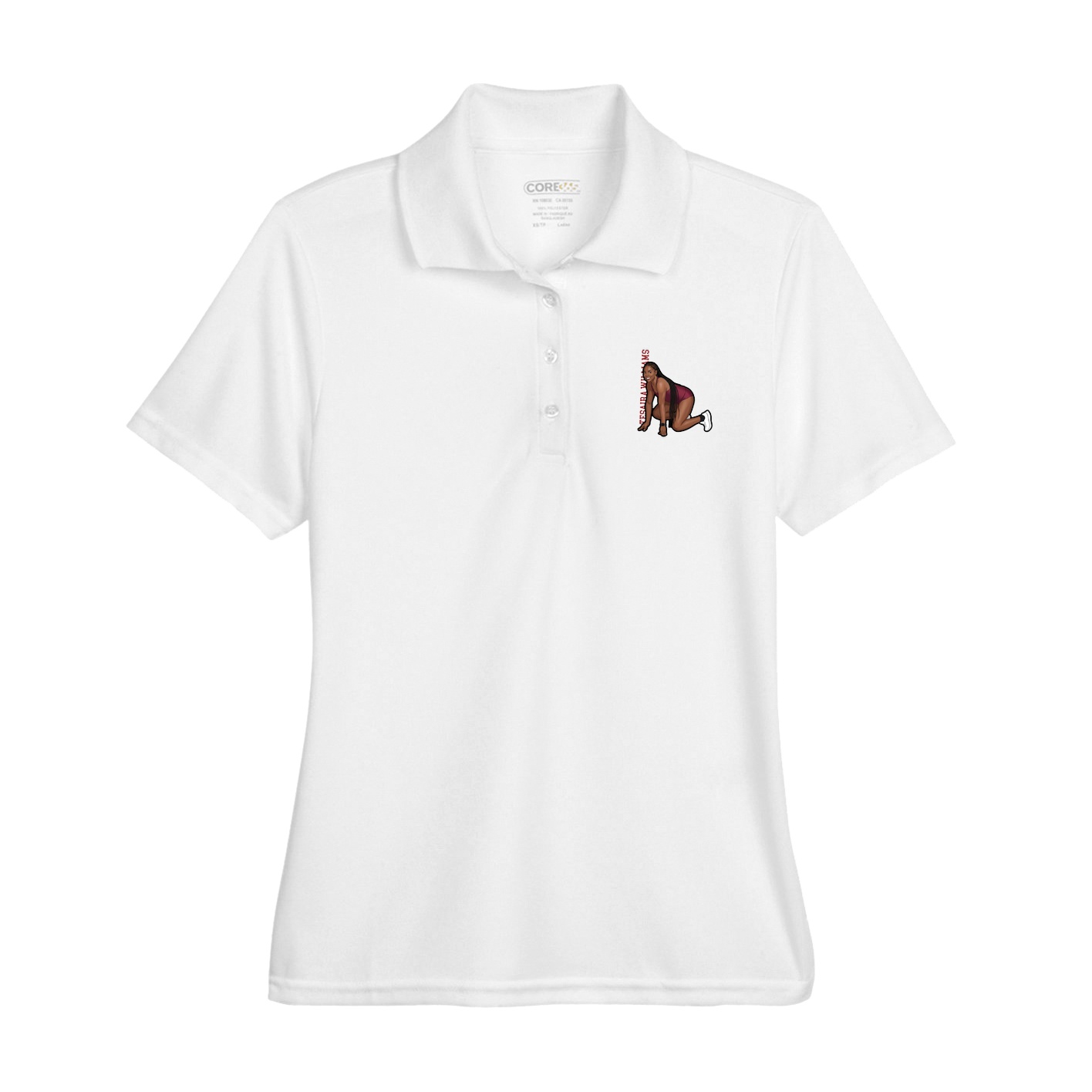 Womens Performance Polo — Name Vertical in White
