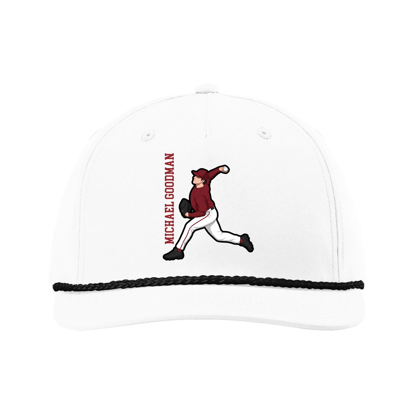 Five-Panel Classic Rope Cap — Name Vertical in White