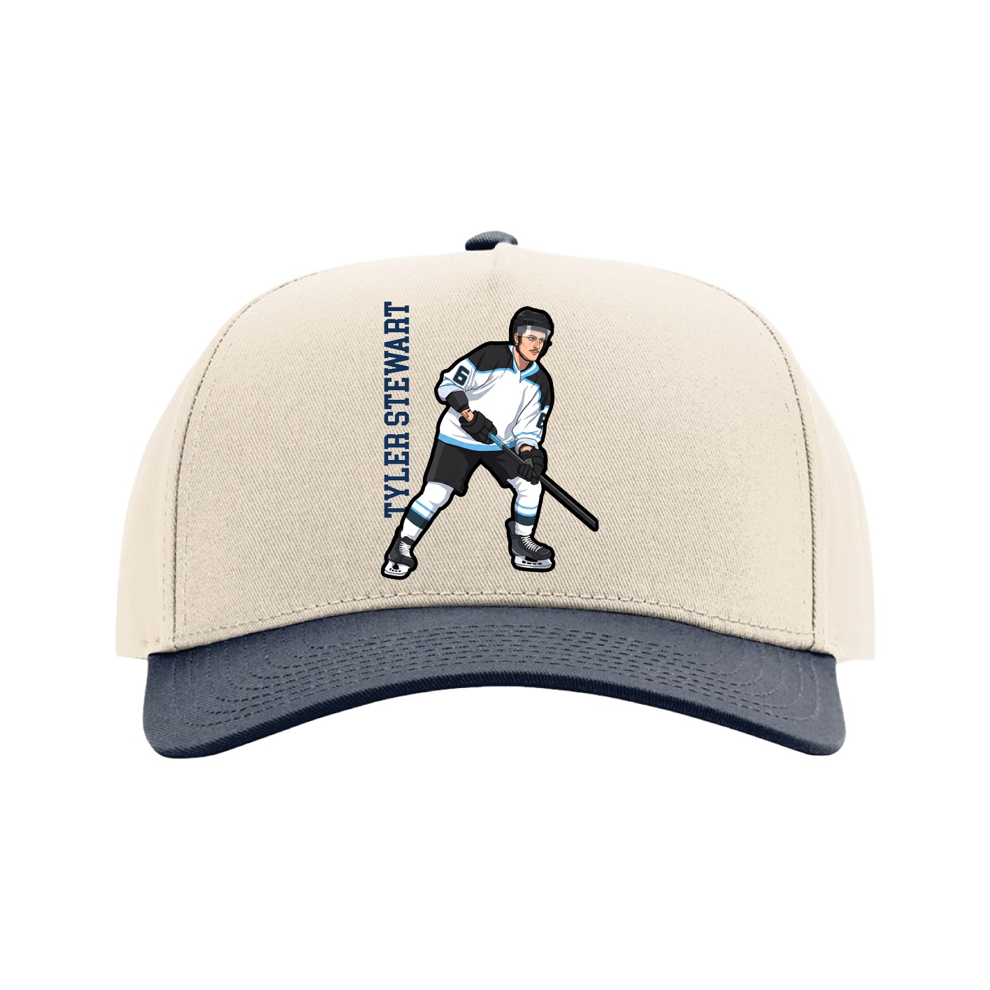 Full Fabric Five-Panel Champ Cap — Name Vertical in Cream/Navy