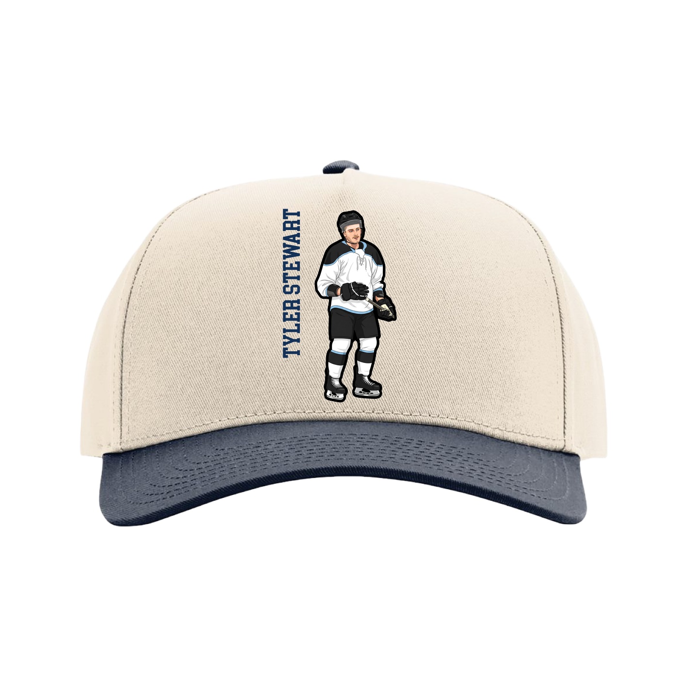 Full Fabric Five-Panel Champ Cap — Name Vertical in Cream/Navy