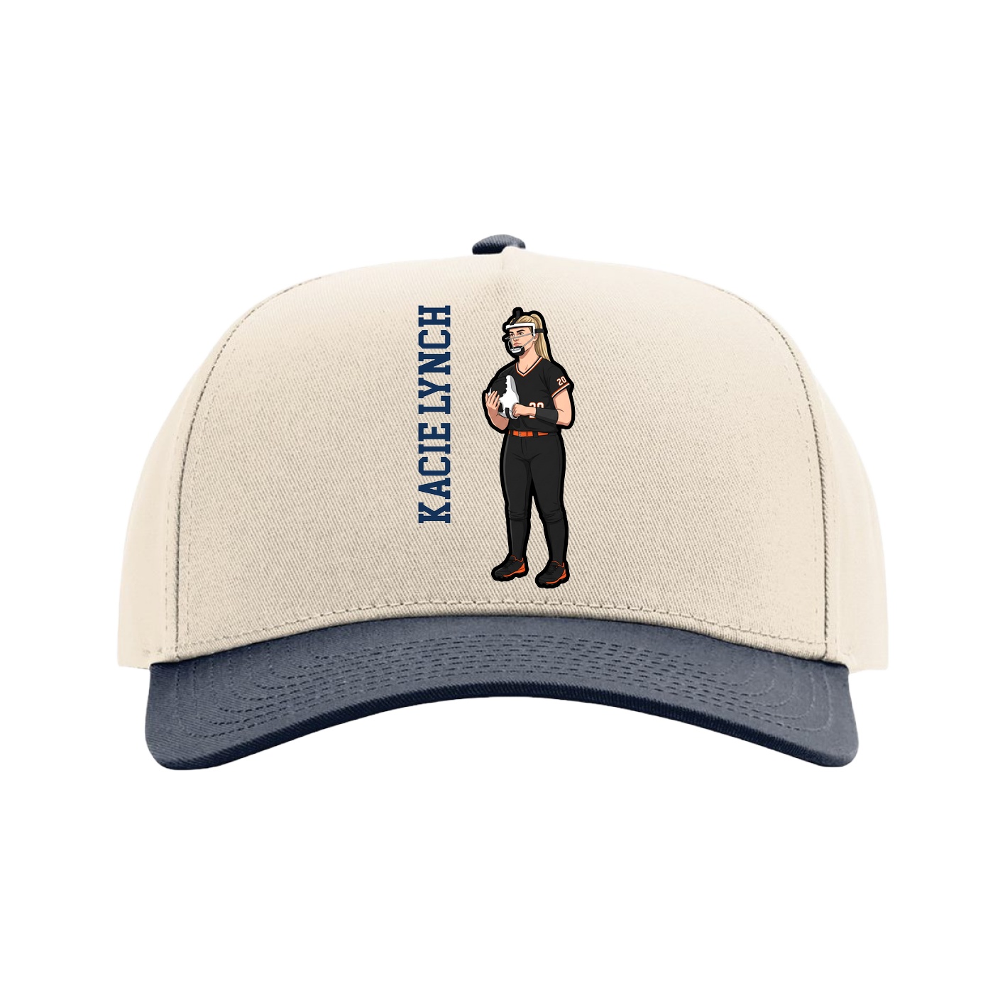 Full Fabric Five-Panel Champ Cap — Name Vertical in Cream/Navy