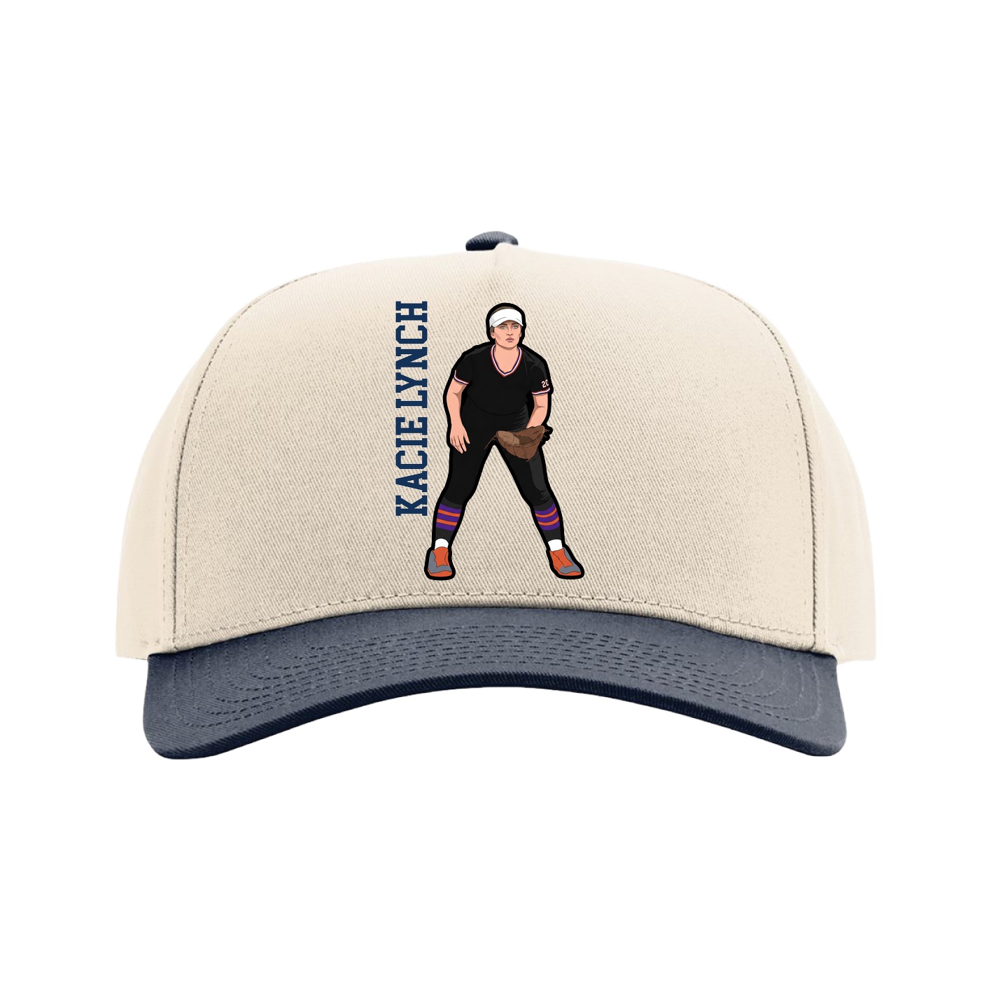 Full Fabric Five-Panel Champ Cap — Name Vertical in Cream/Navy