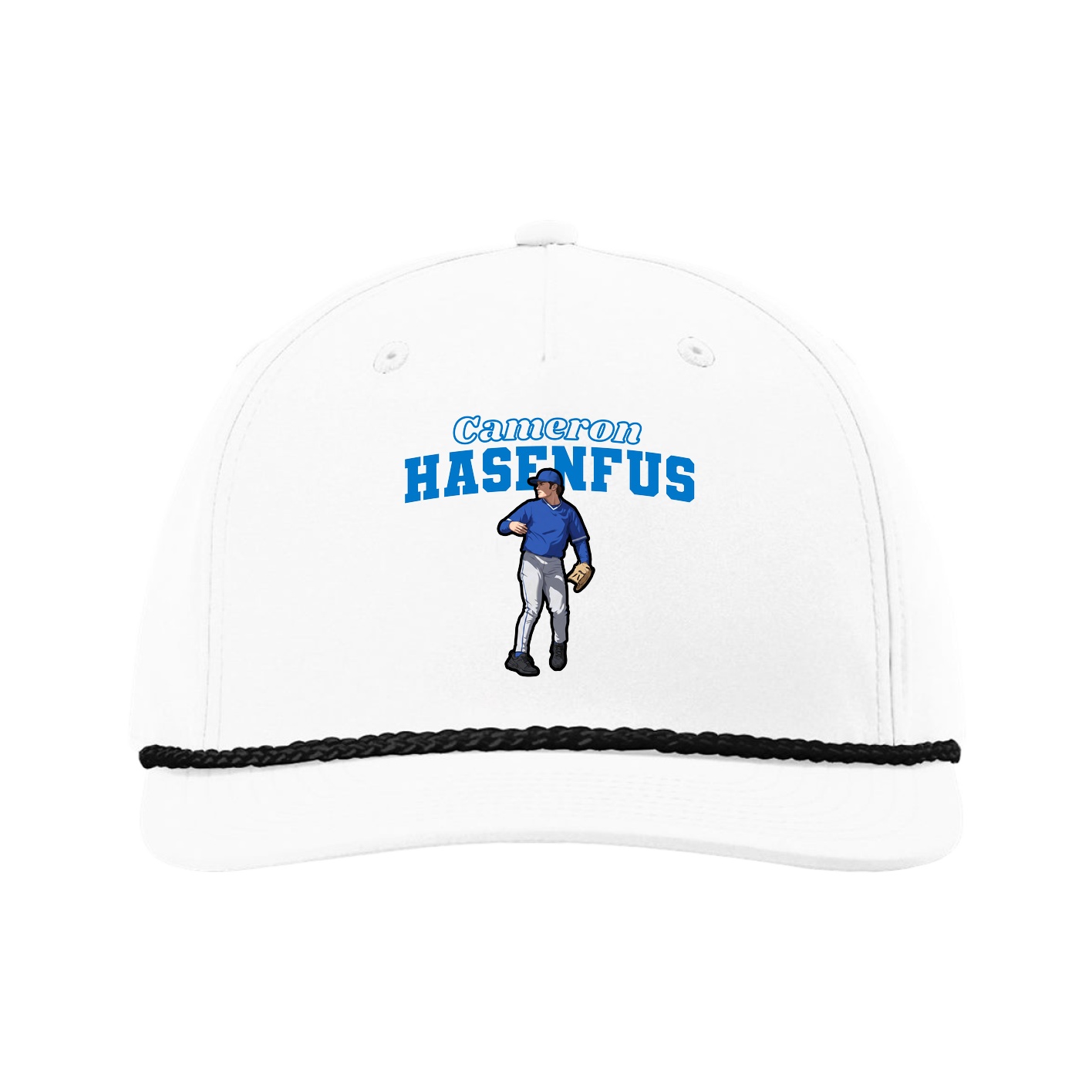 Five-Panel Classic Rope Cap — Name Arch in White