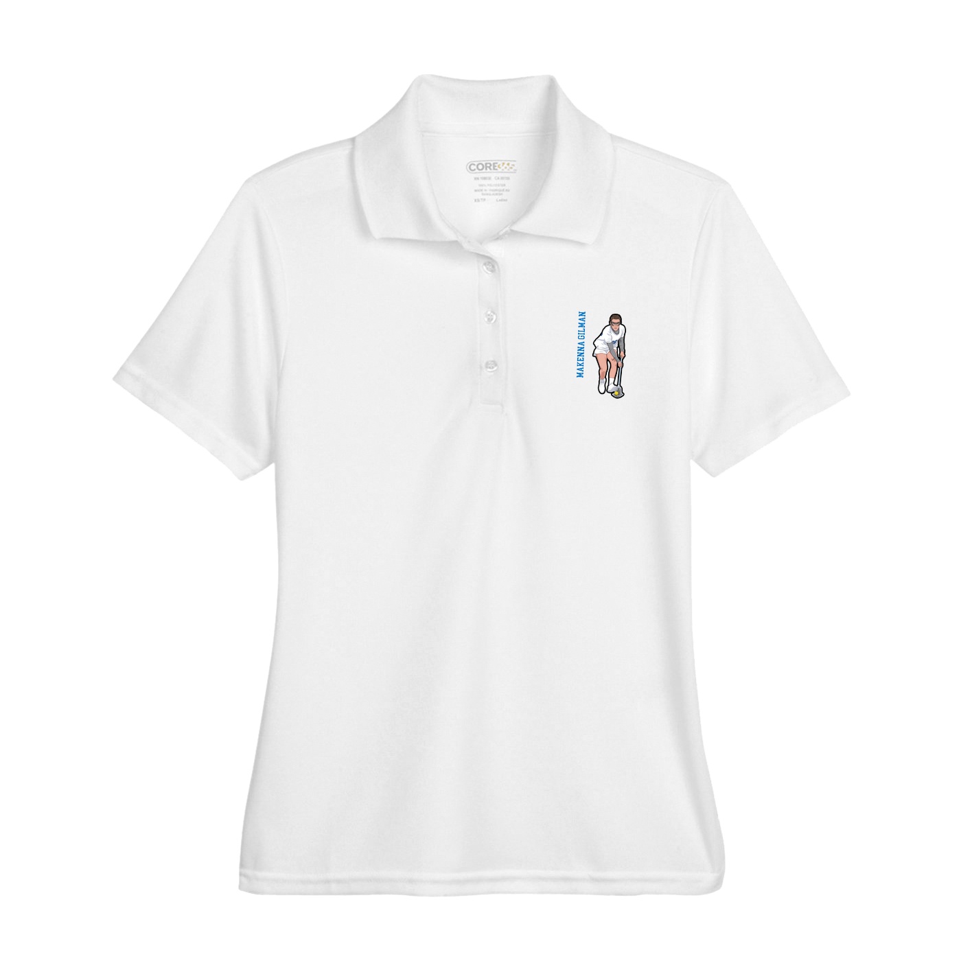 Womens Performance Polo — Name Vertical in White