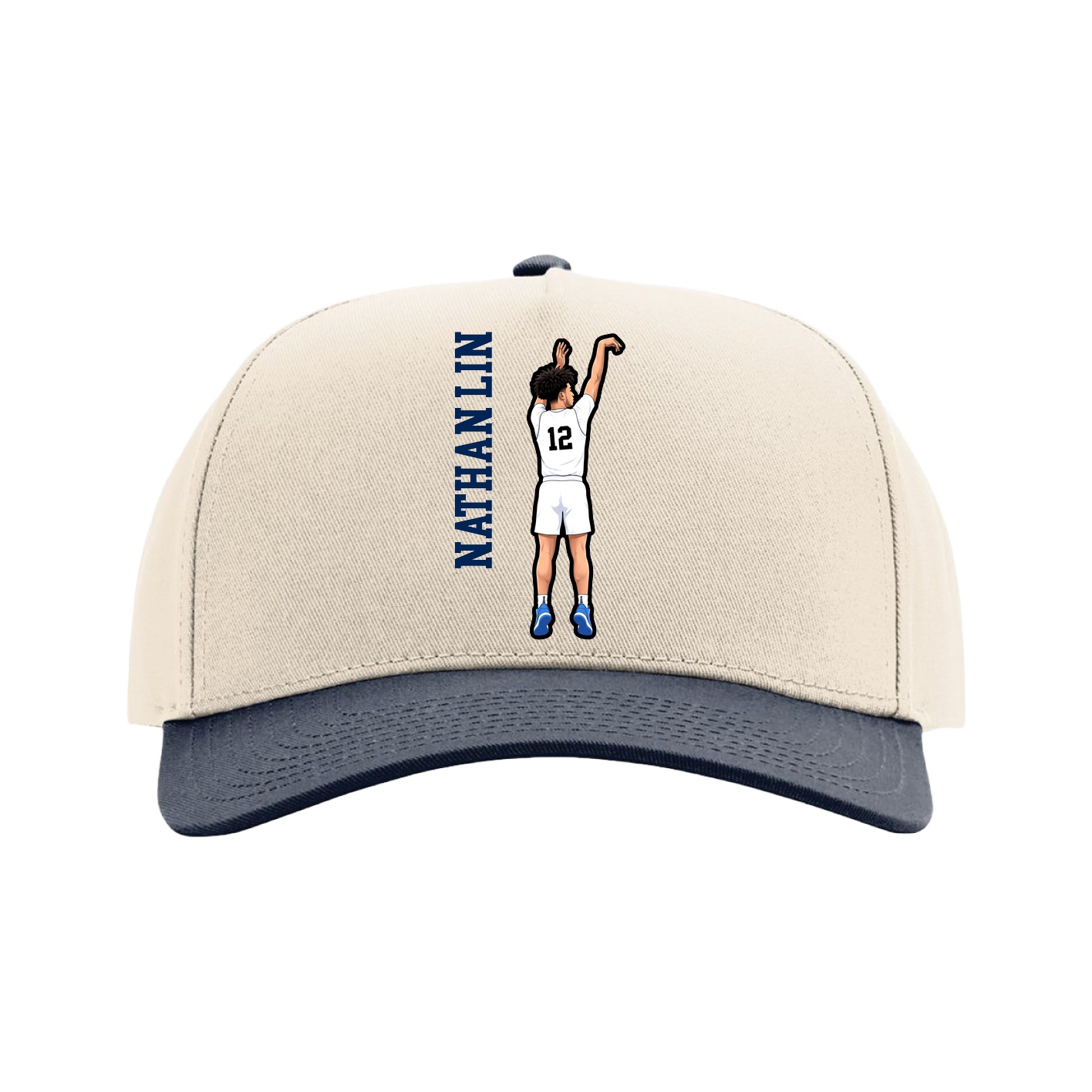 Full Fabric Five-Panel Champ Cap — Name Vertical in Cream/Navy