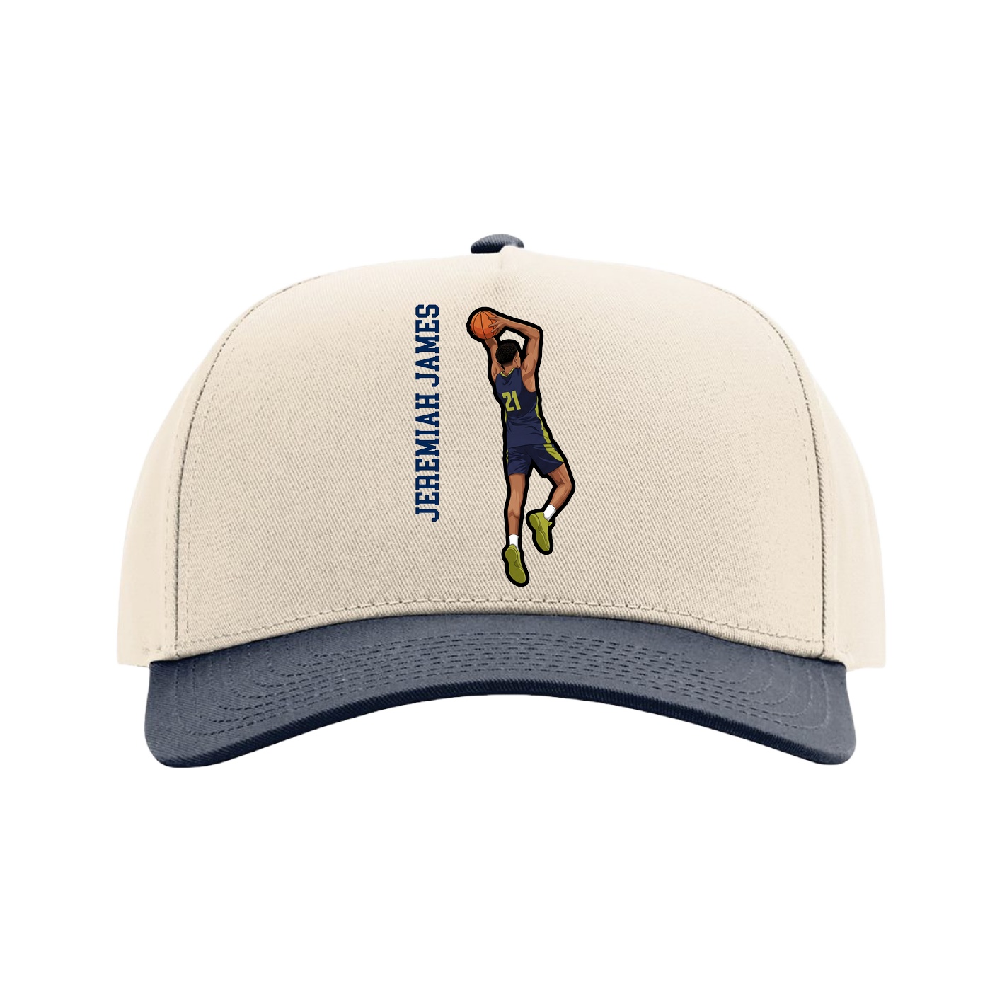 Full Fabric Five-Panel Champ Cap — Name Vertical in Cream/Navy