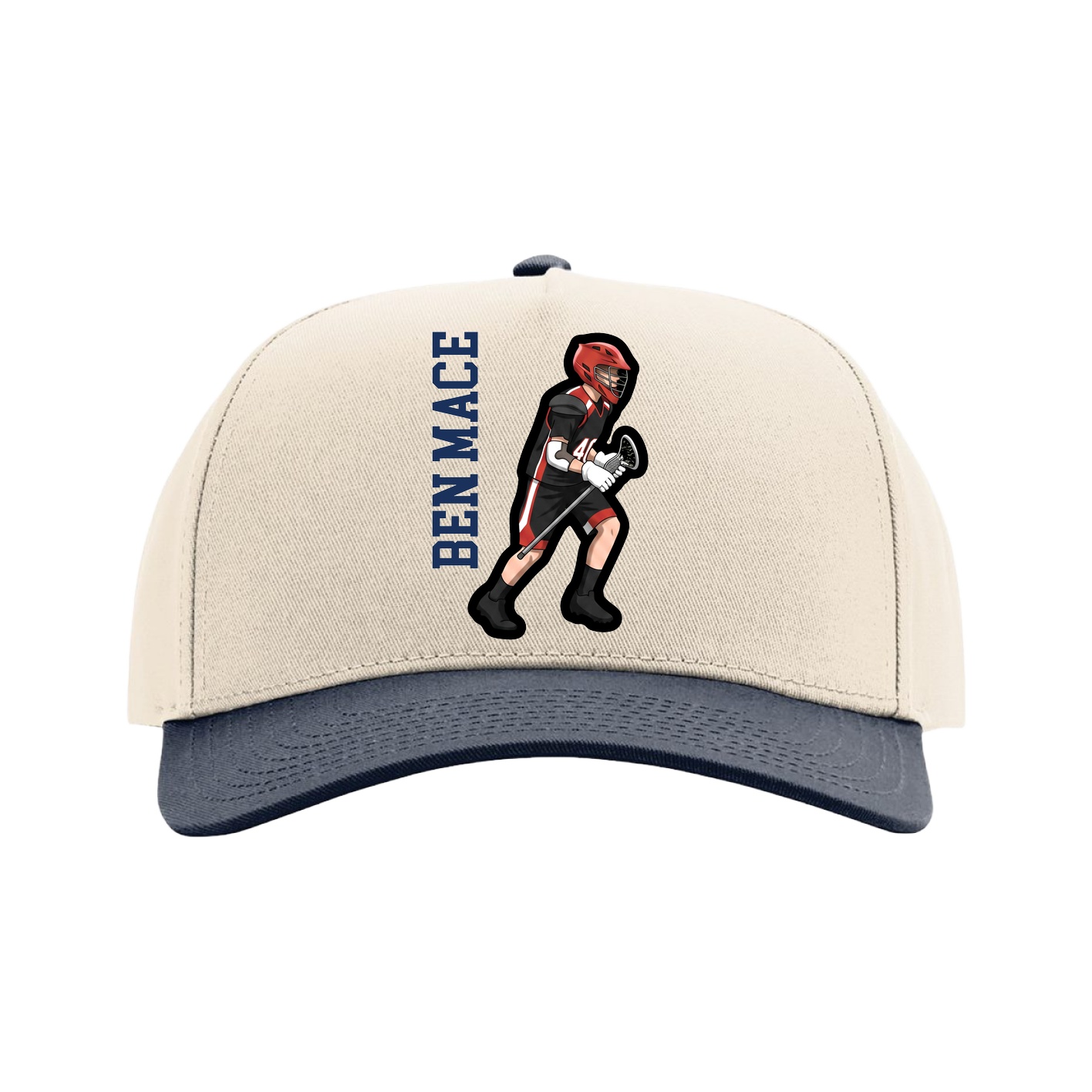 Full Fabric Five-Panel Champ Cap — Name Vertical in Cream/Navy
