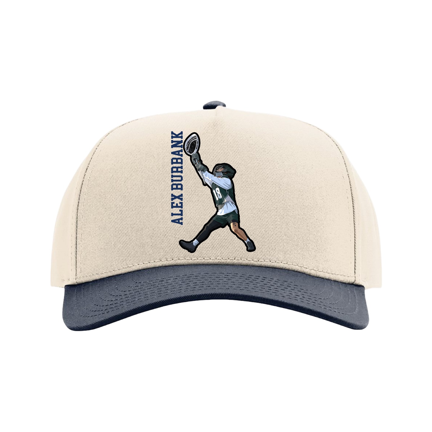 Full Fabric Five-Panel Champ Cap — Name Vertical in Cream/Navy