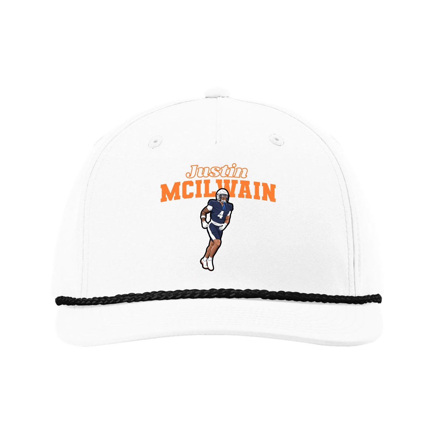 Five-Panel Classic Rope Cap — Name Arch in White
