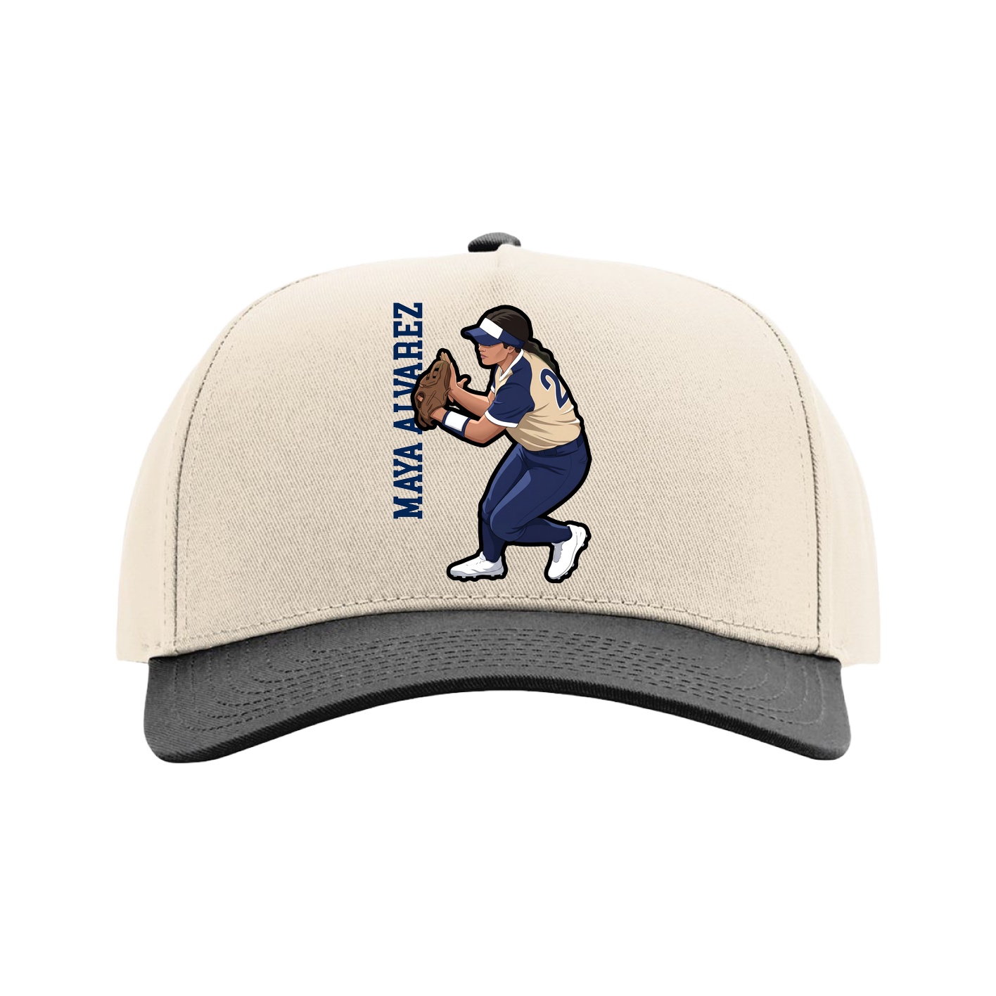 Full Fabric Five-Panel Champ Cap — Name Vertical in Cream/Black