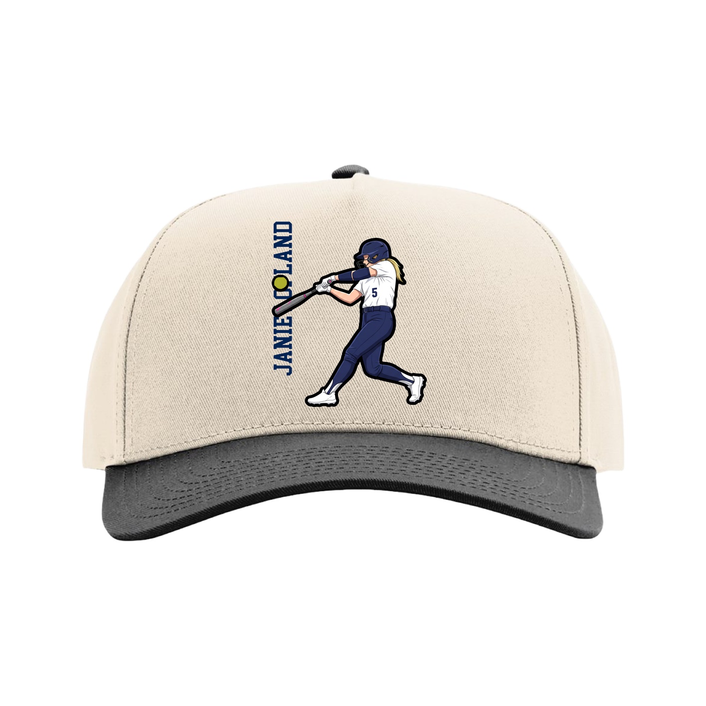 Full Fabric Five-Panel Champ Cap — Name Vertical in Cream/Black