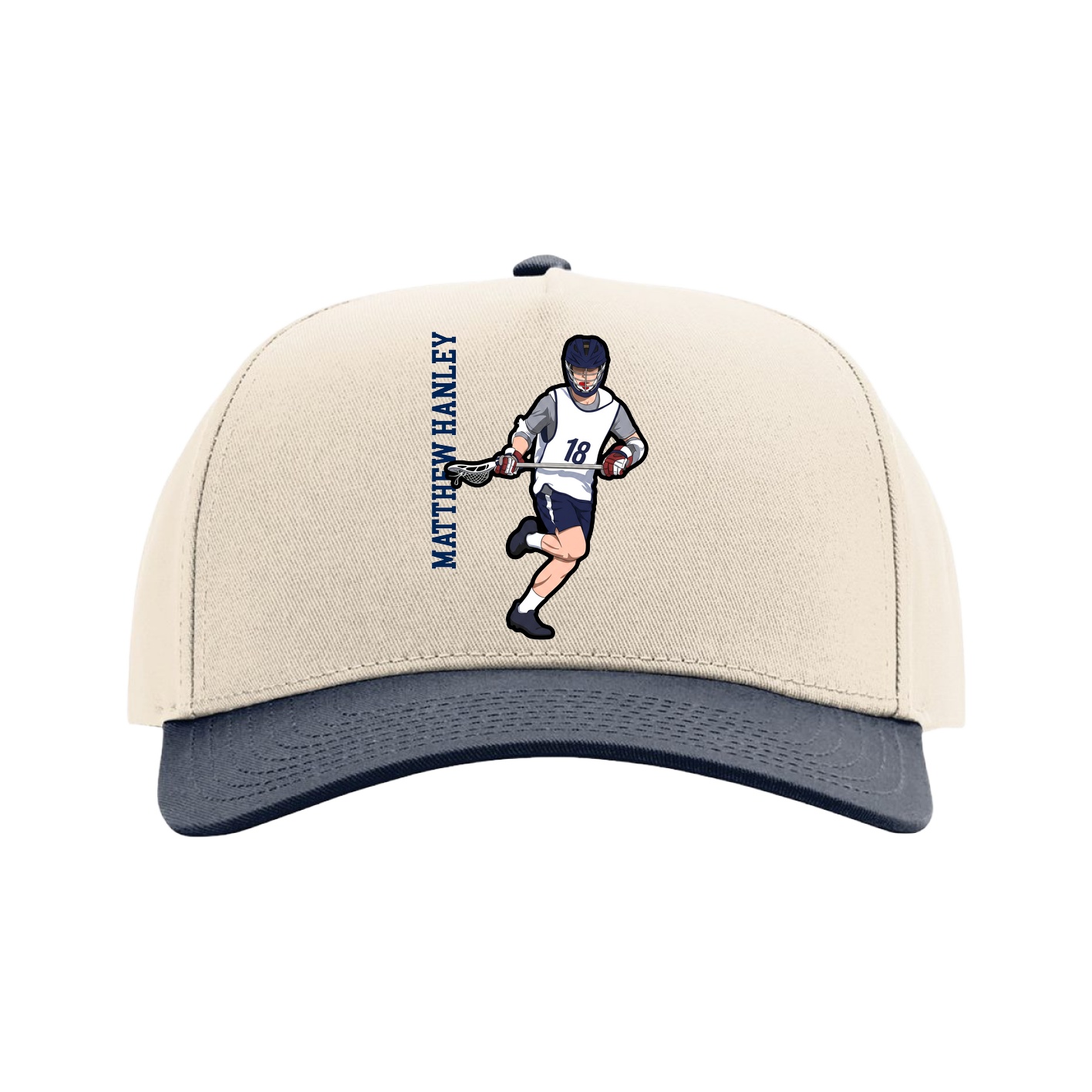 Full Fabric Five-Panel Champ Cap — Name Vertical in Cream/Navy