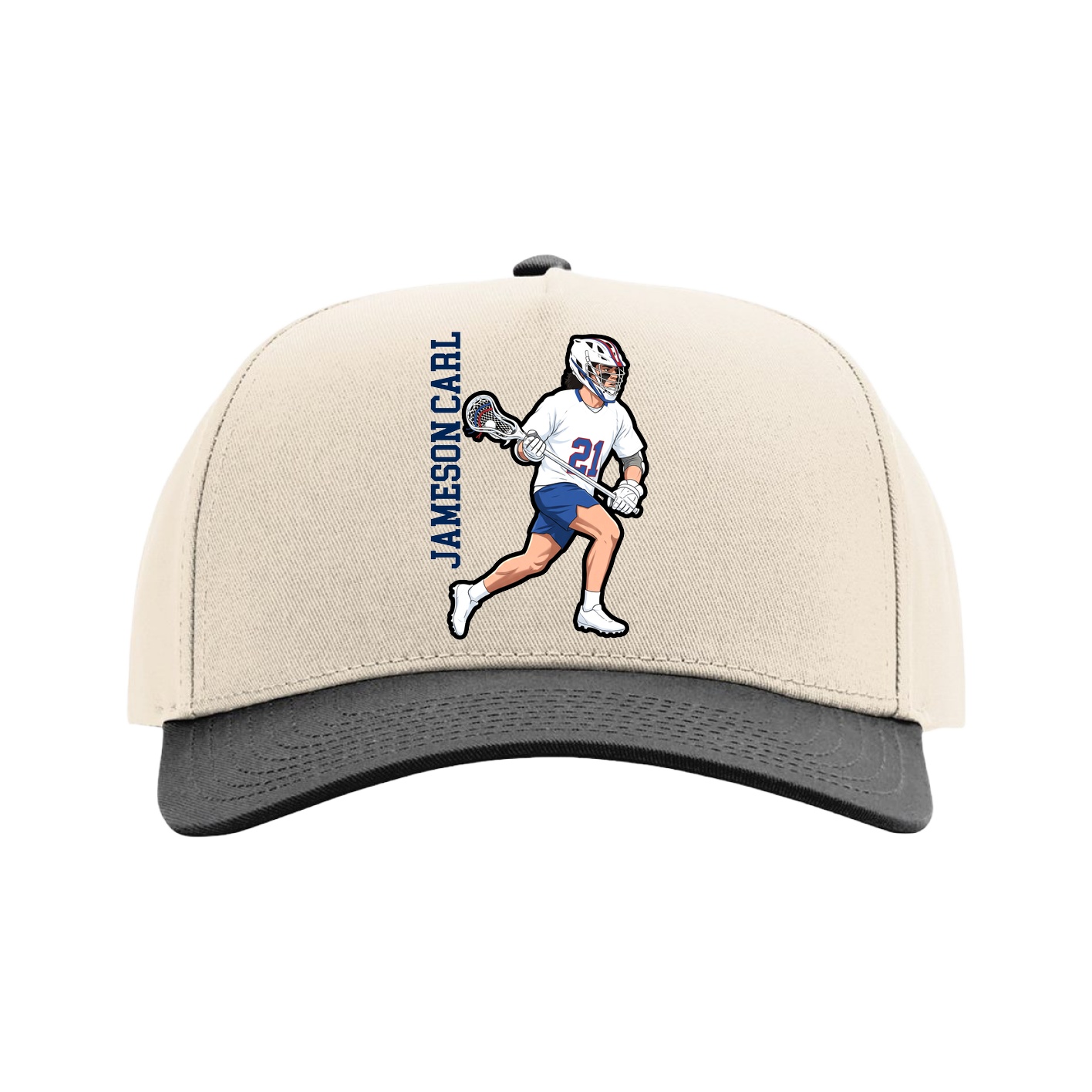 Full Fabric Five-Panel Champ Cap — Name Vertical in Cream/Black