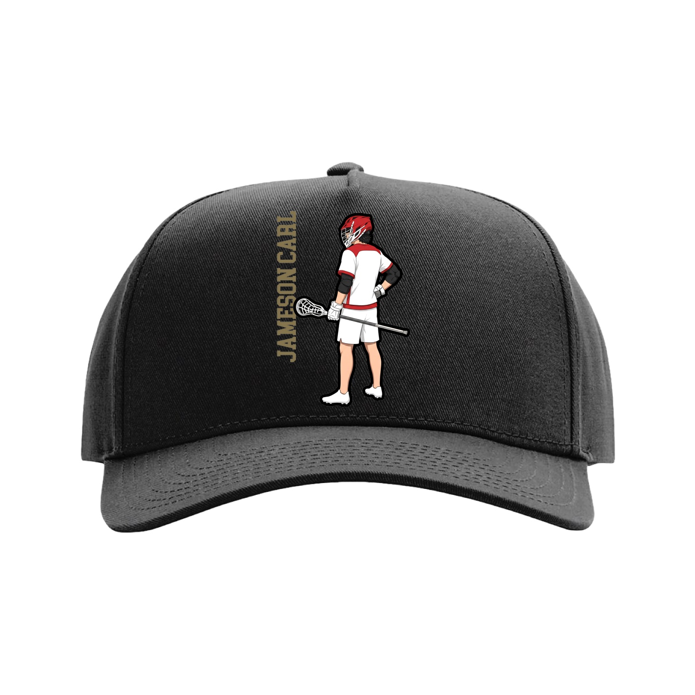 Full Fabric Five-Panel Champ Cap — Name Vertical in Black