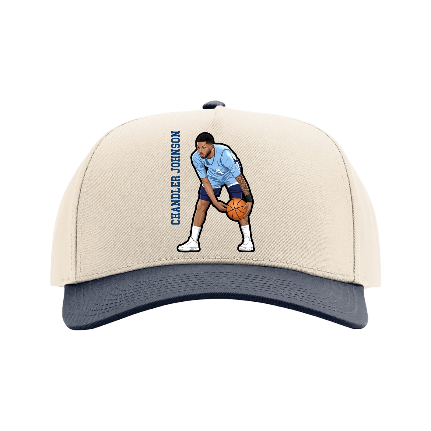 Full Fabric Five-Panel Champ Cap — Name Vertical in Cream/Navy