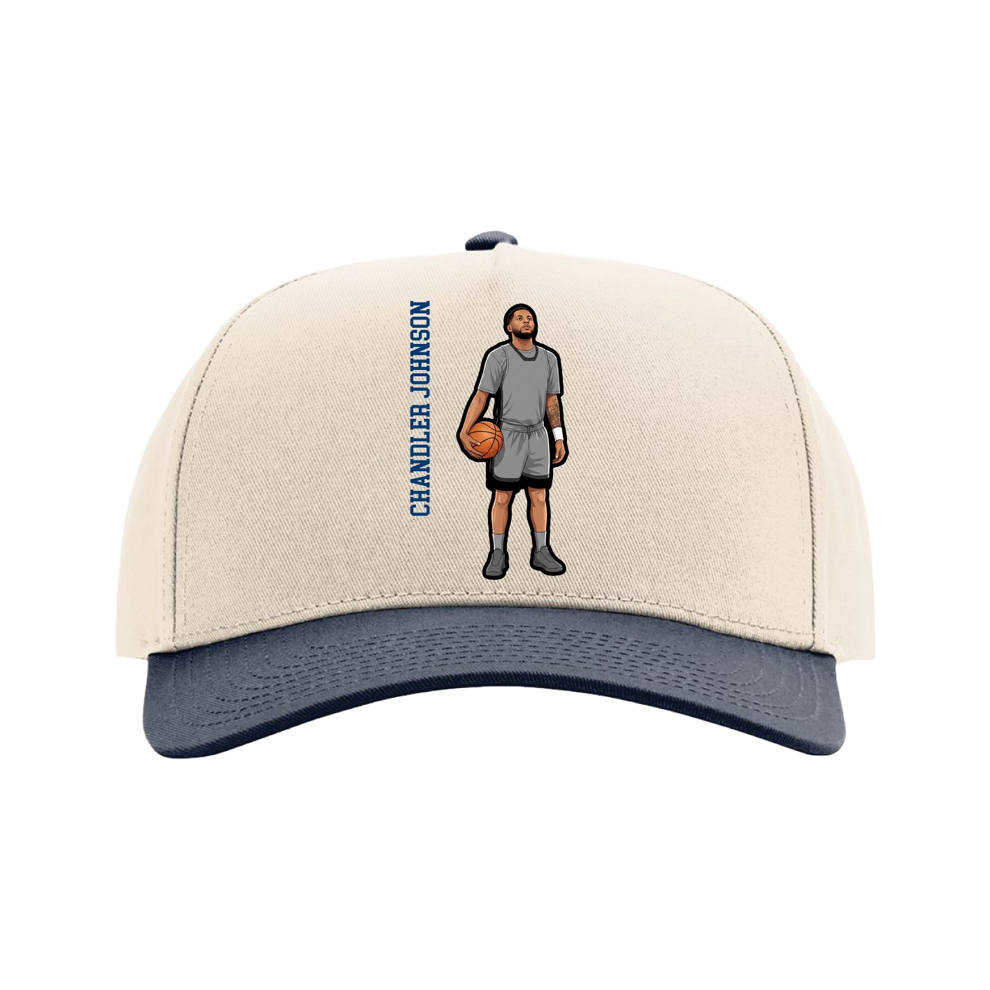 Full Fabric Five-Panel Champ Cap — Name Vertical in Cream/Navy
