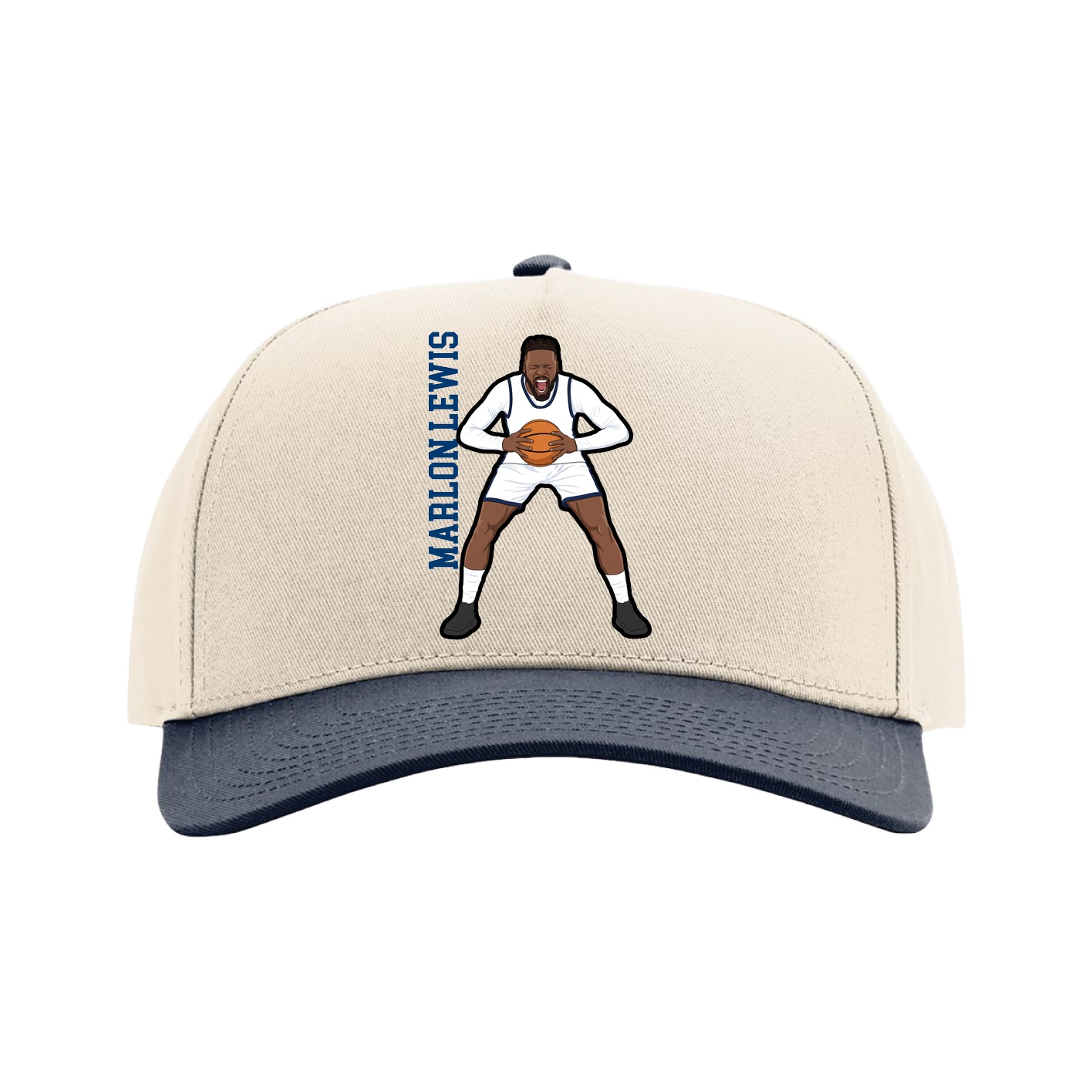 Full Fabric Five-Panel Champ Cap — Name Vertical in Cream/Navy