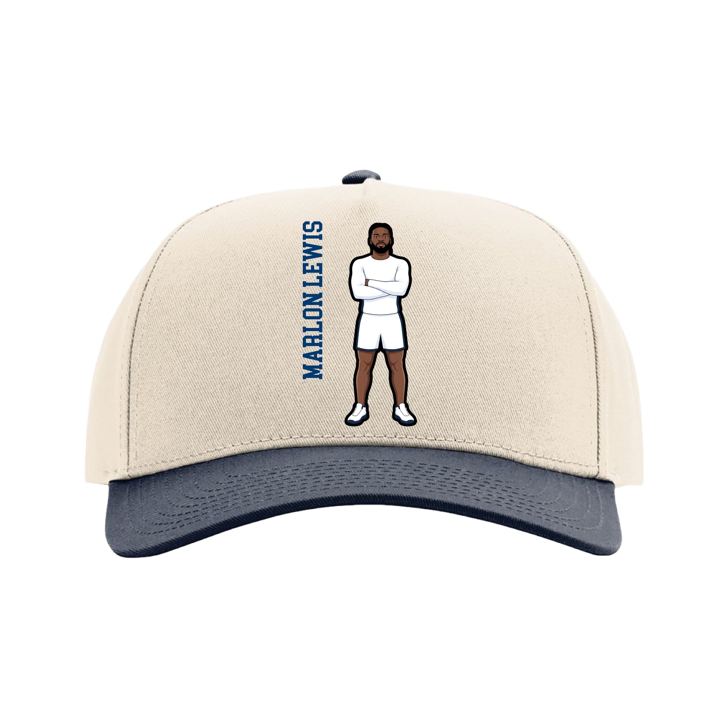 Full Fabric Five-Panel Champ Cap — Name Vertical in Cream/Navy