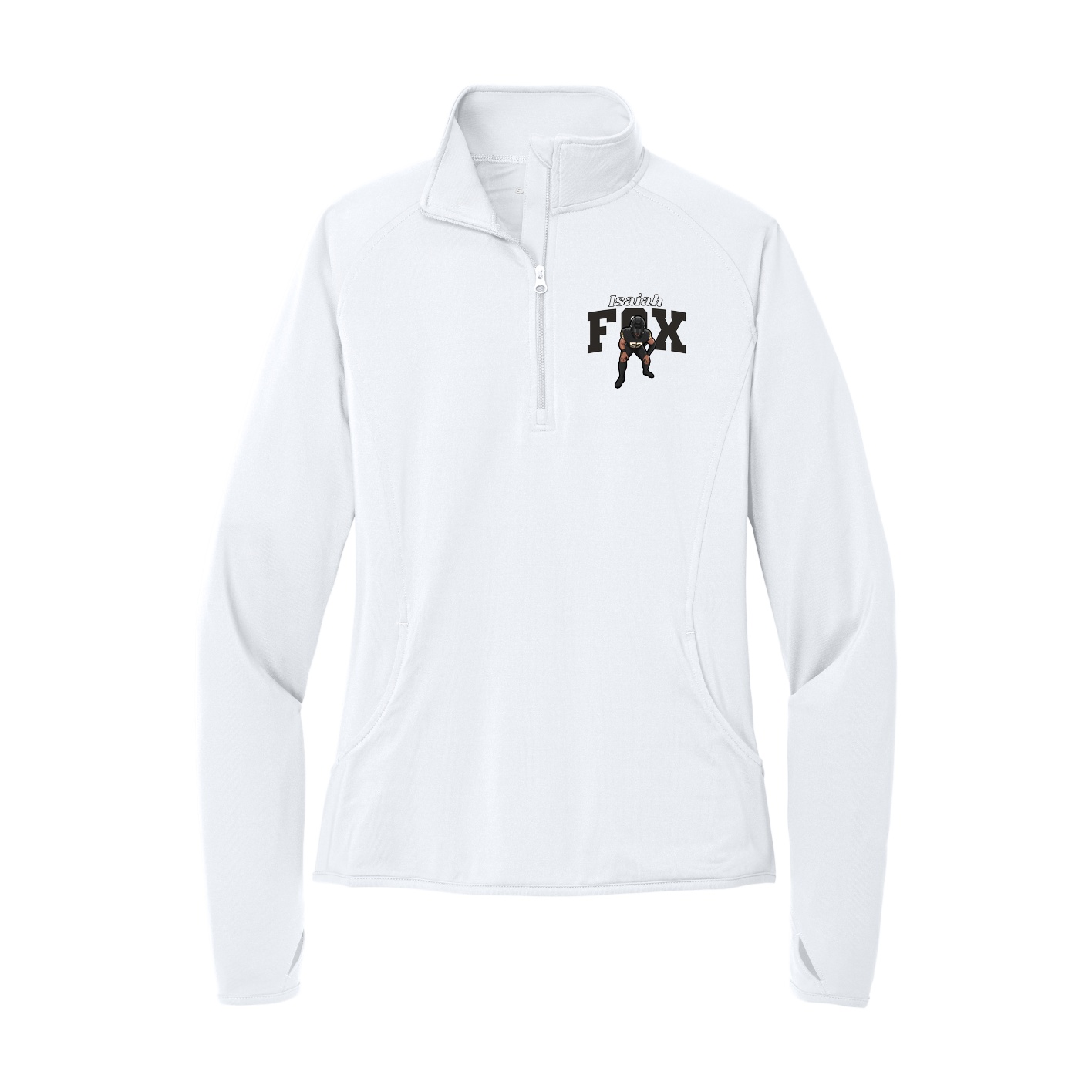 Women's Q-Zip Pullover — Name Arch in White